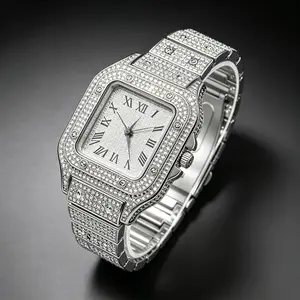 Square-shaped men's quartz watch featuring a starry sky design on the dial, stainless steel strap, diamond embellishments, and Roman numerals, Modern Fashionable Wristwatch, Casual Trendy Wristwatch