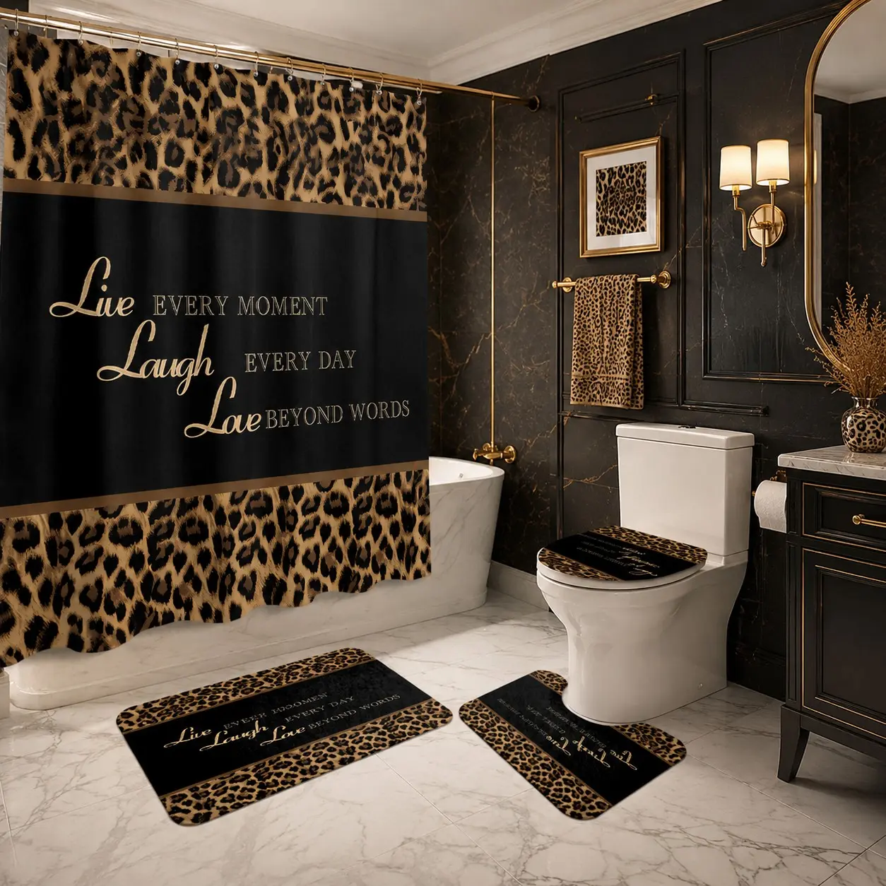 4pcs Classic leopard print patchwork inspirational gold quote shower curtain set for bathroom, vintage animal print slogan bathroom mat and toilet seat cover, mat fabric is thicker and softer! Stylish bathroom makeover Leopard Bathroom Decor