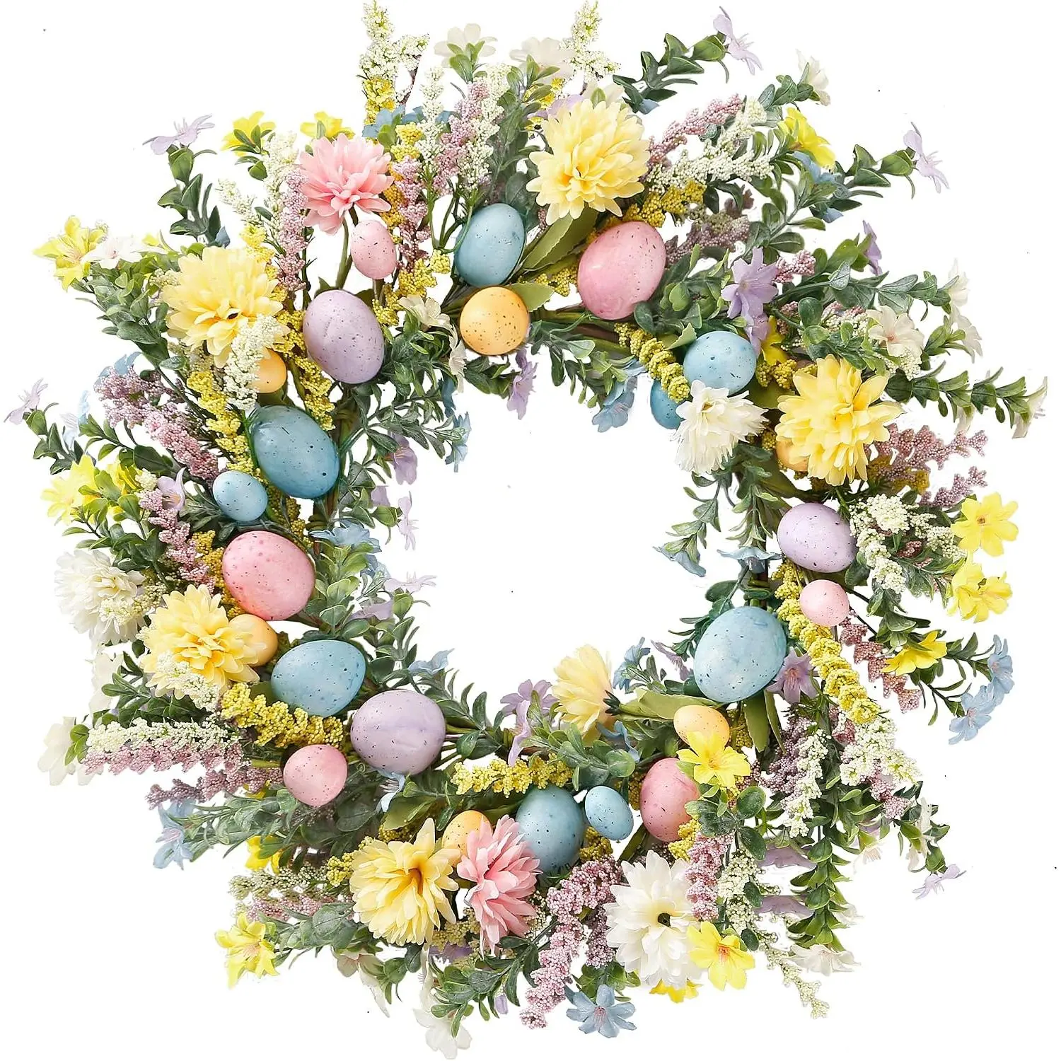 20 Inch Easter Wreath Spring Wreath Artificial Flower Wreath with Colorful Eggs Hydrangea Daisies Eucalyptus Leaves for Front Door Easter Summer  Holiday Wall  Window Decor