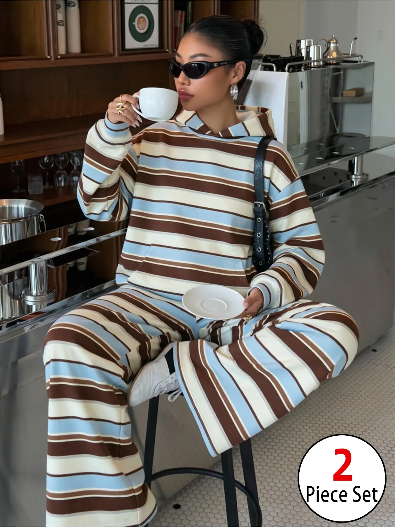 Women 2 Piece Striped Hoodie Matching Set TikTok Viral Y2K Loungewear, Oversized Hoodie + High Waist Flare Sweatpants, Soft Fabric Stripe Tracksuit, Coastal Grandma Daily Outfit, Loose Aesthetic Sweatsuit for Women Spring Fall