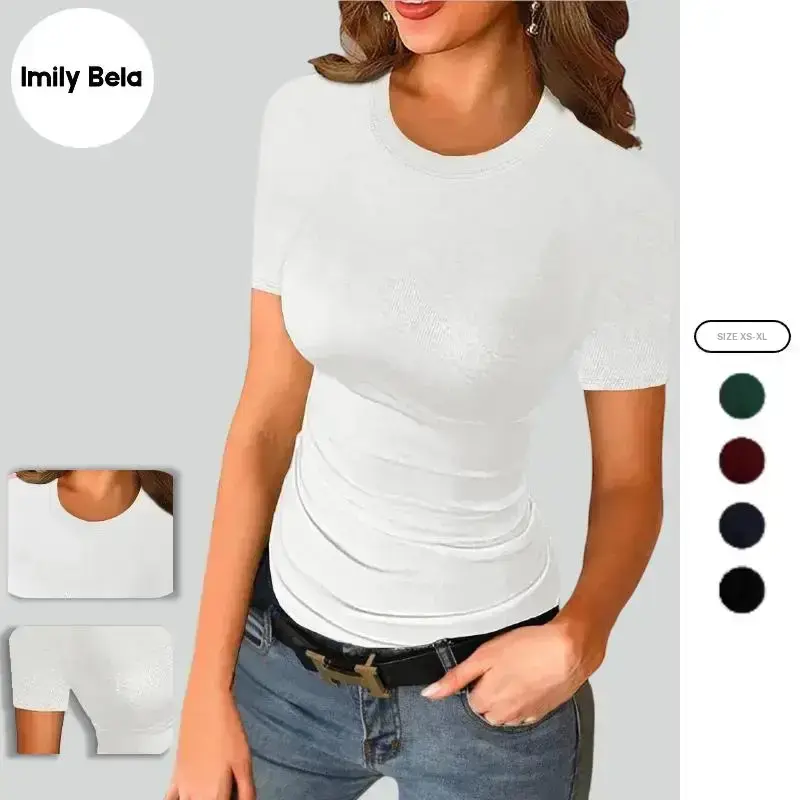 Imily Bela Womens Crewneck Short Sleeve Ribbed T Shirt Slim Fit Tops Solid Basic Tee