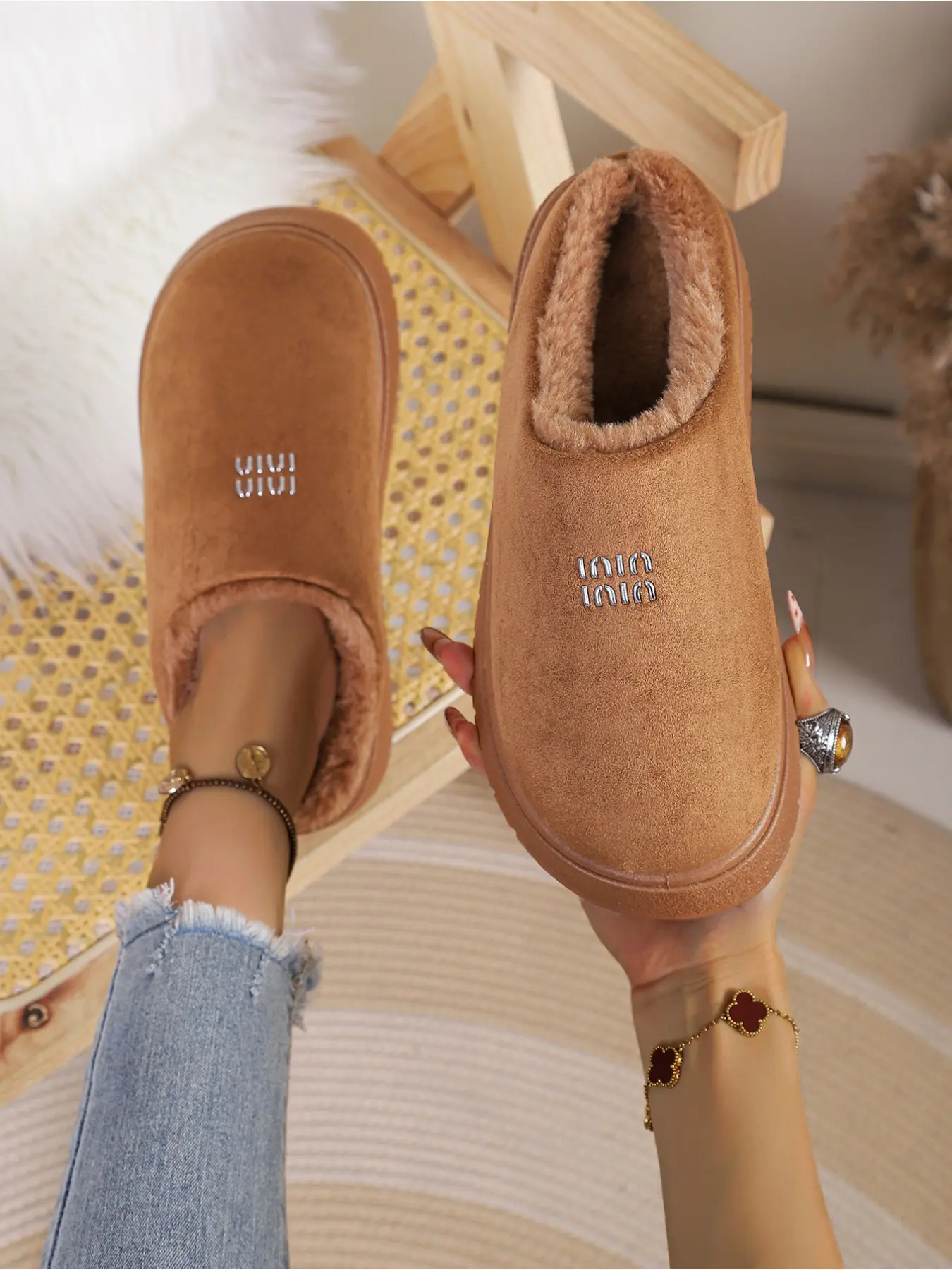 Winter Thick Platform Fur Lined Mule Slippers Vintage Suede Warm Outdoor Slip On Shoes