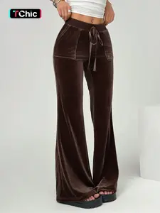 Women's High Waist Elastic Velvet Flare Pants, Casual Plain Color Wide Leg Trousers, Comfortable Fashion for Daily Wear