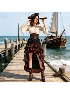 Halloween Medieval Voyager Style Dress Waist Cinched Ruffled Long Gown Nautical Themed Cosplay Costume