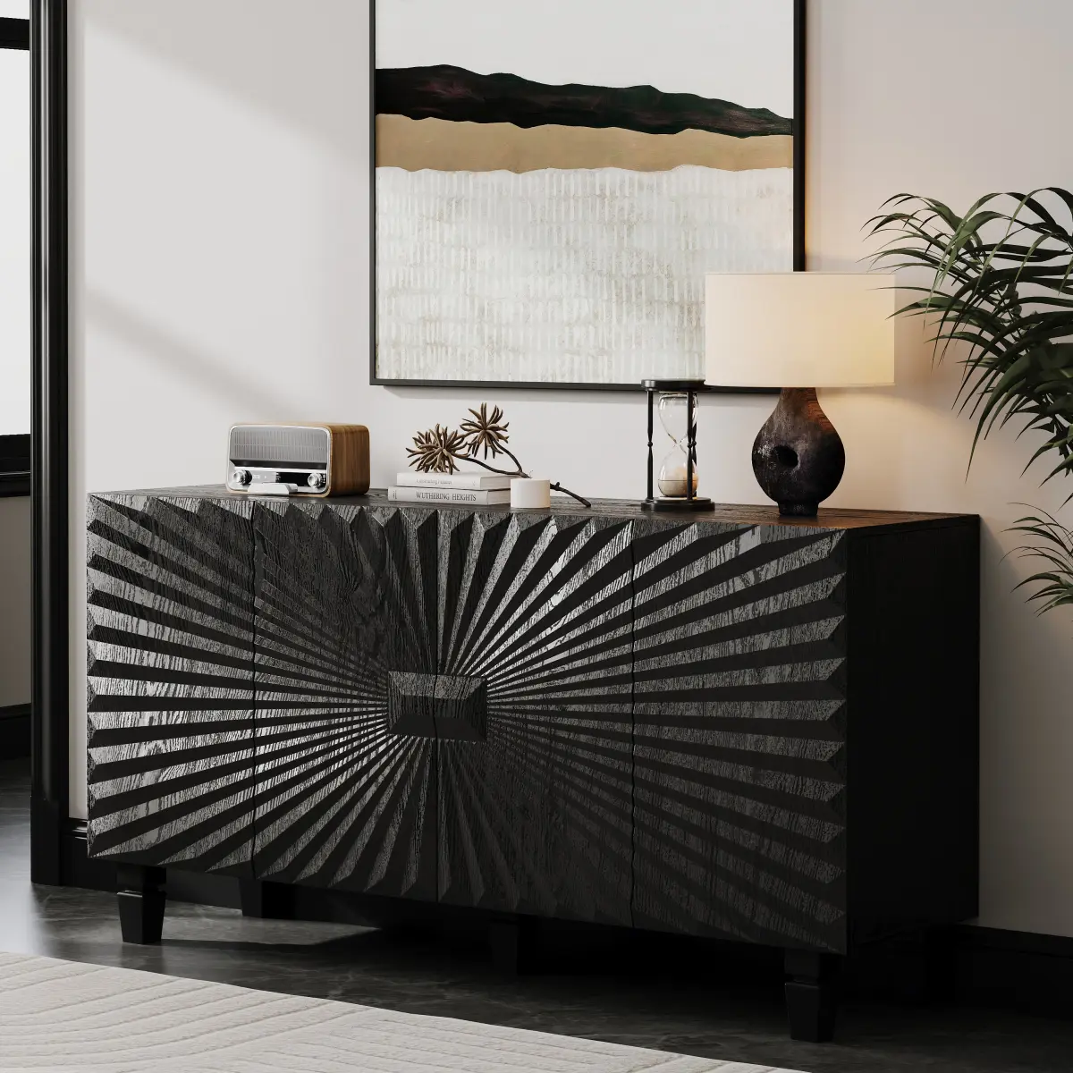 Aobtkel 59-in Modern Buffet Sideboard - 4 Radiant Doors, Credenza Storage Cabinet with Solid Wood 5-Leg Base, for Kitchen, Dining Room (Black), Five-Leg Base
