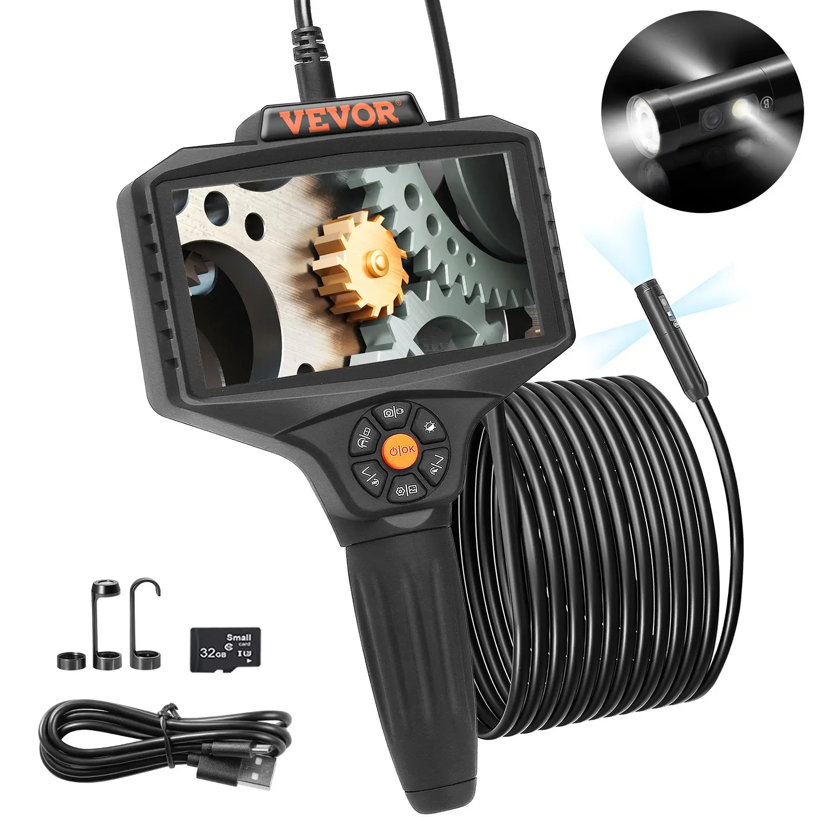 【toolupgrade】VEVOR Triple Lens Borescope, 5" IPS Screen Inspection Camera with Lights, 8X Zoom 1080P HD Split Screen, 10 LED Lights Scope Endoscope Camera for Automotive, Plumbing(16.5FT Cable, 32GB Card)
