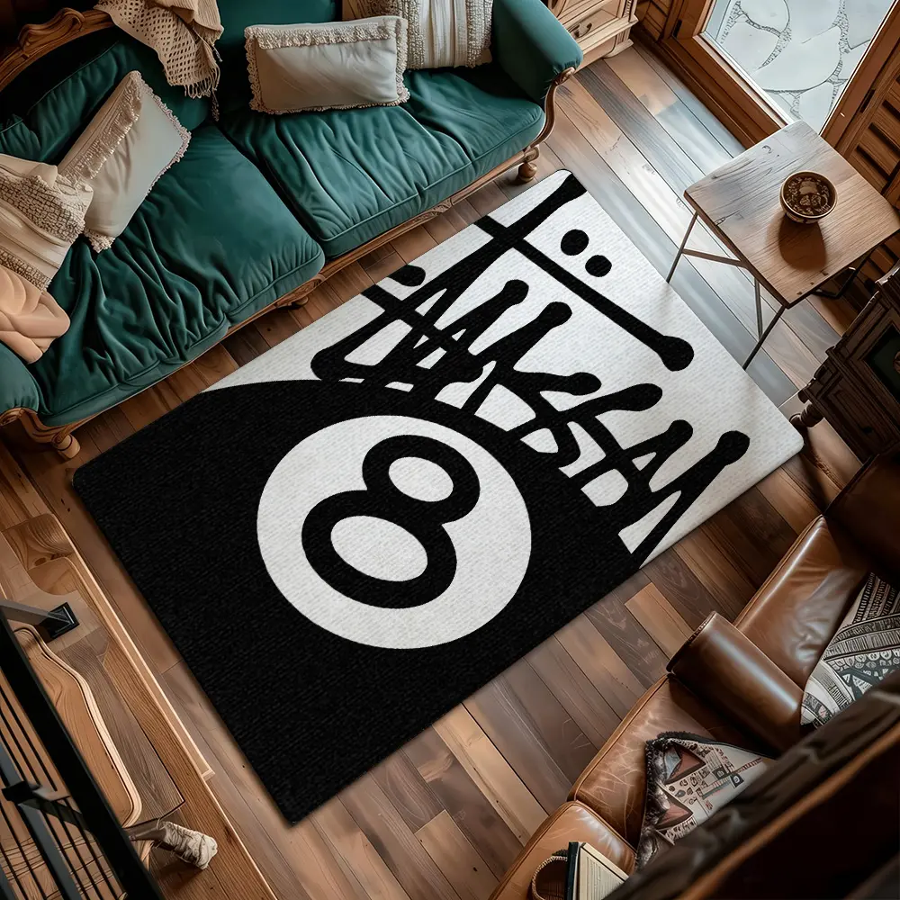 Black White 8 Ball Graffiti Abstract Flannel Living Room Rug Decorative Rug Abstract Area Rug #8BallGraffitiRug #MonochromeStreetArtMat #FlannelCarpet #HipHopModernHomeDecor