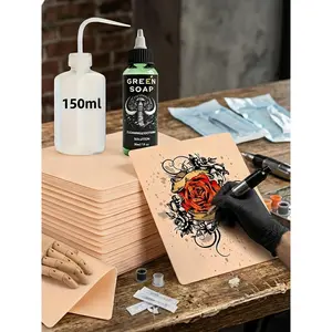 4/6/9/11pcs 1mm Practice Skin + Green Algae Set (sold Separately), Double-sided Practice Fake Skin, Green Soap Tattoo Cleaning Liquid (with Squeeze Bottle * 1pc), Tattoo Skin, Essential Tattoo Supplies, Suitable for Tattoo Beginners and Artists