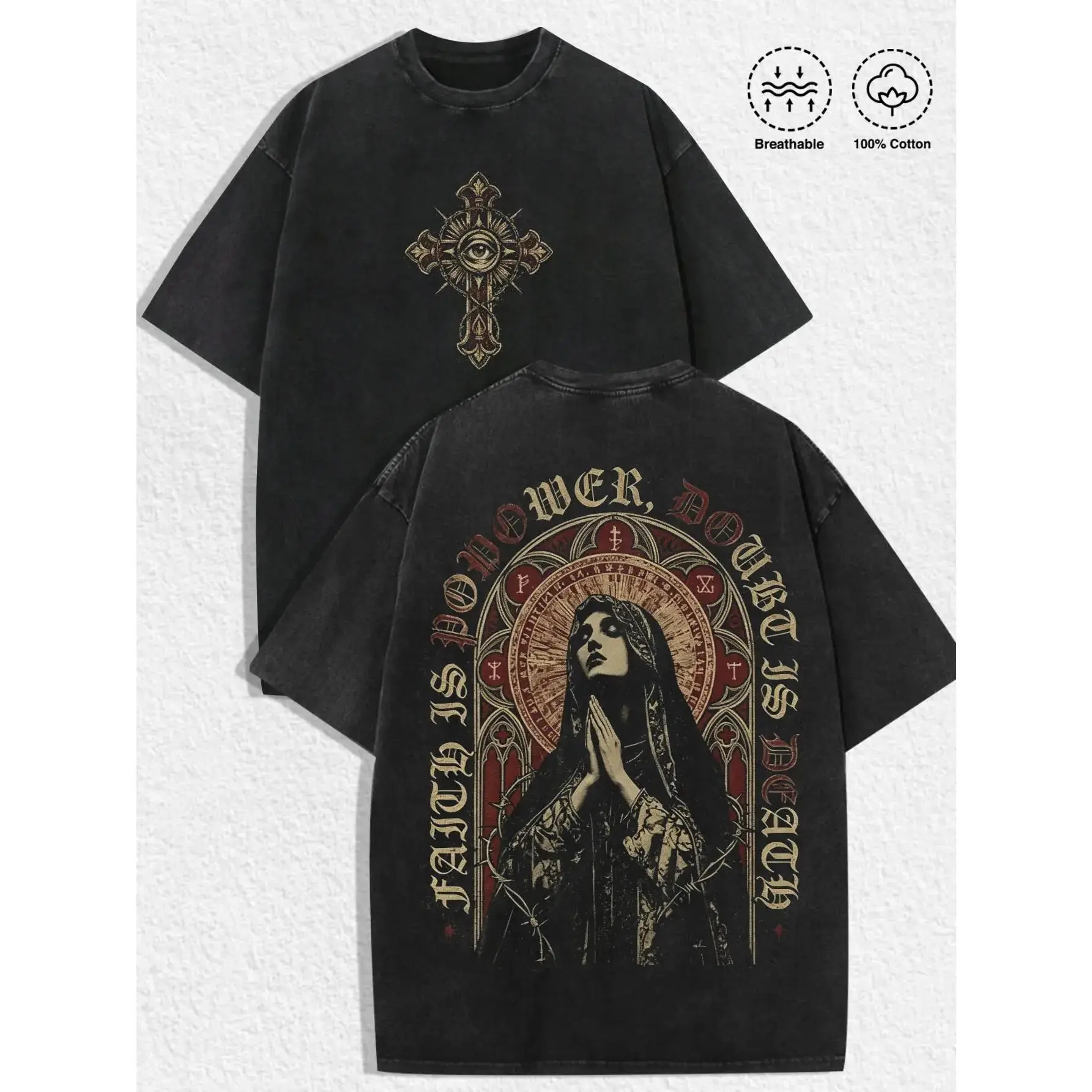 1 piece loose distressed washed graphic T-shirt featuring Gothic church arch window, carved cross pattern, and Virgin Mary praying hands print; unisex, suitable for all seasons; ideal for Christian believers, religious worship, beach vacations, Y2K summer
