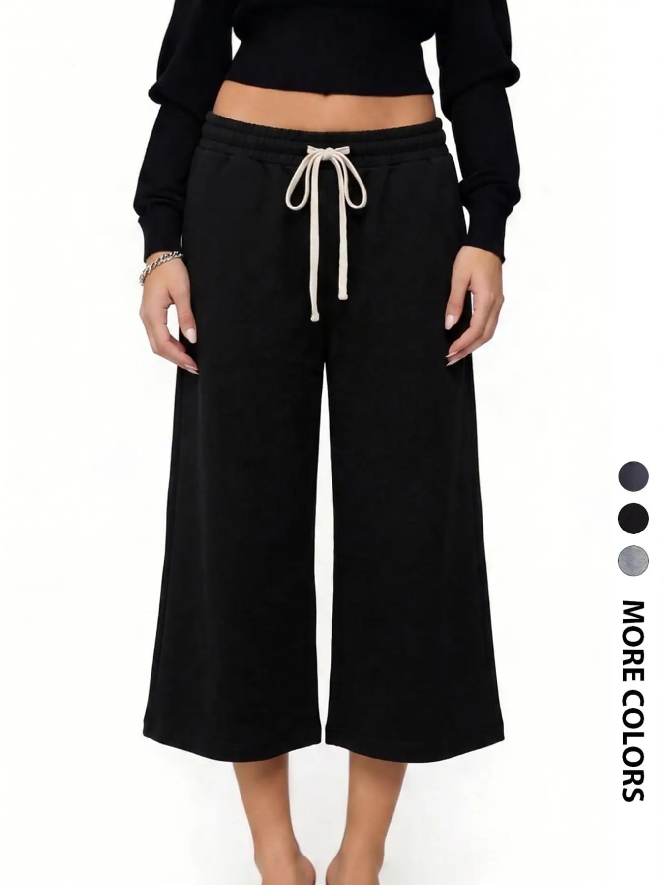 Women Solid Black Contrast White Adjustable Drawstring High Waist Capri Sweatpants Loose Wide Leg Casual Lounge Cropped Pants Sold Separately Single Trousers
