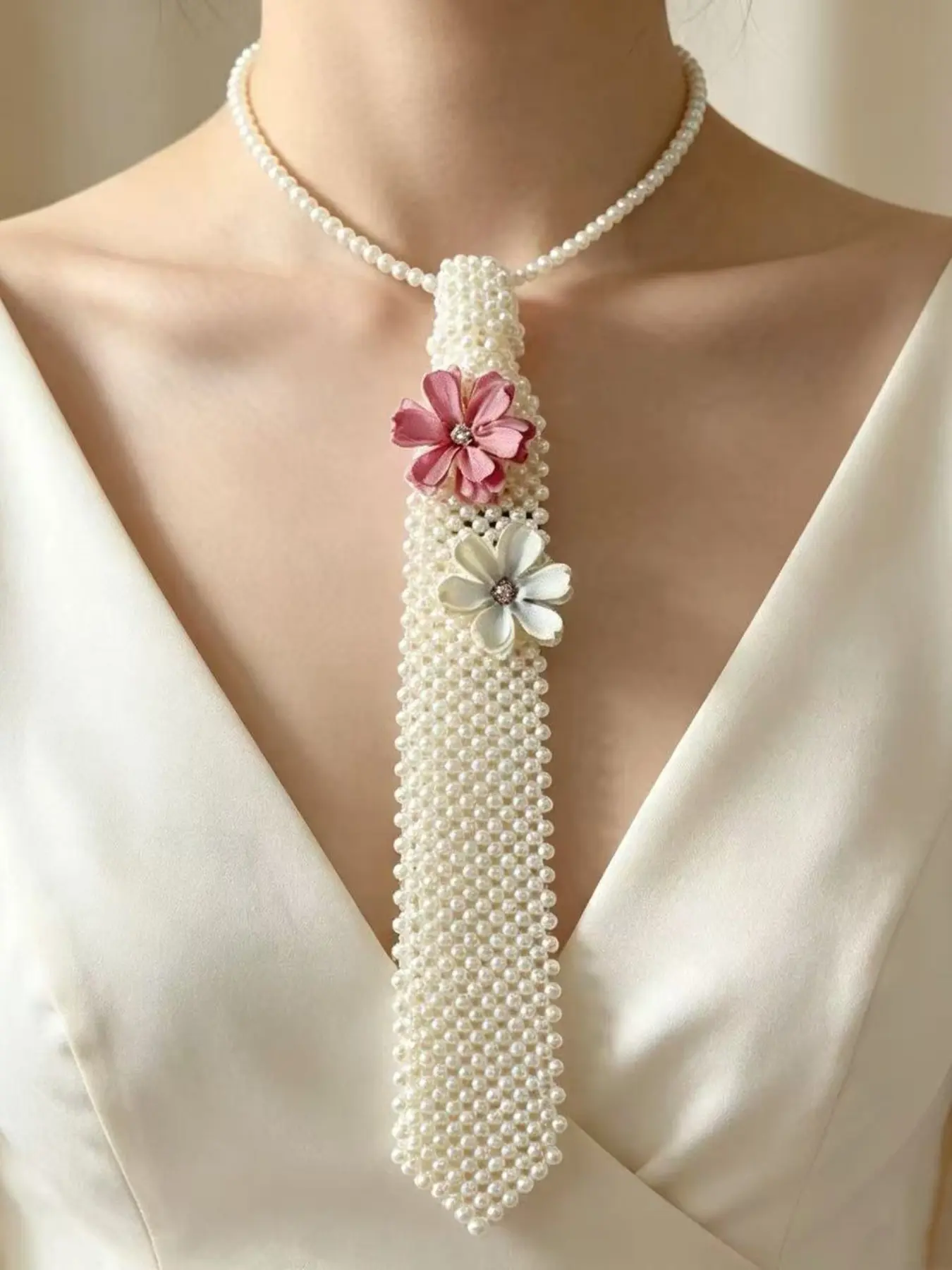 Women Decorative Neck Tie, Handmade Faux Pearl Tie‑Necklace with Fabric Flower, Elegant Costume Accessory for Wedding, Prom & Party