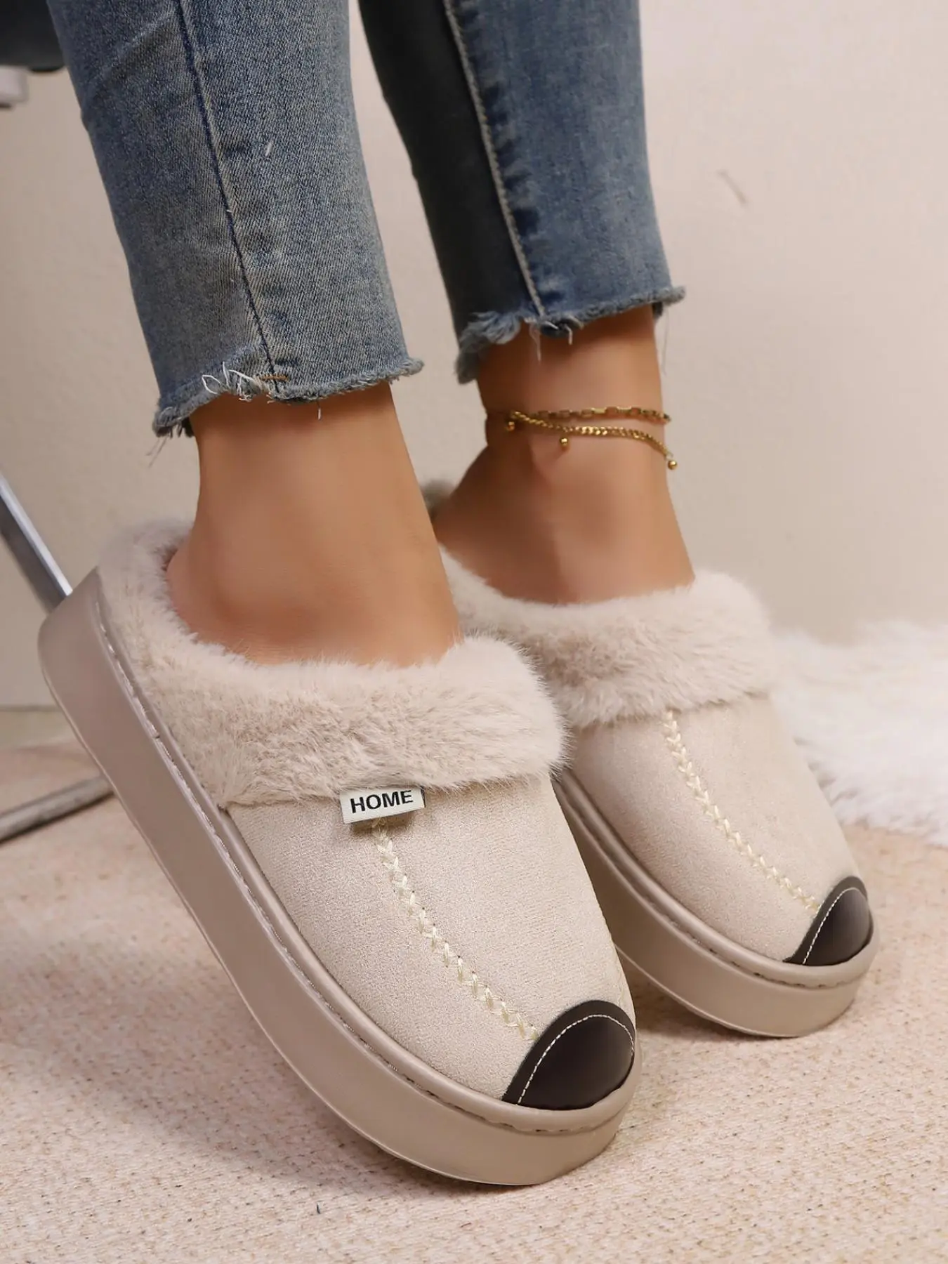 Handmade Beaded Toecap Chunky Sole Cotton Slippers, Non-Slip Thick Bottom, Daily Wear Women's Shoes, Comfortable and Stylish Footwear