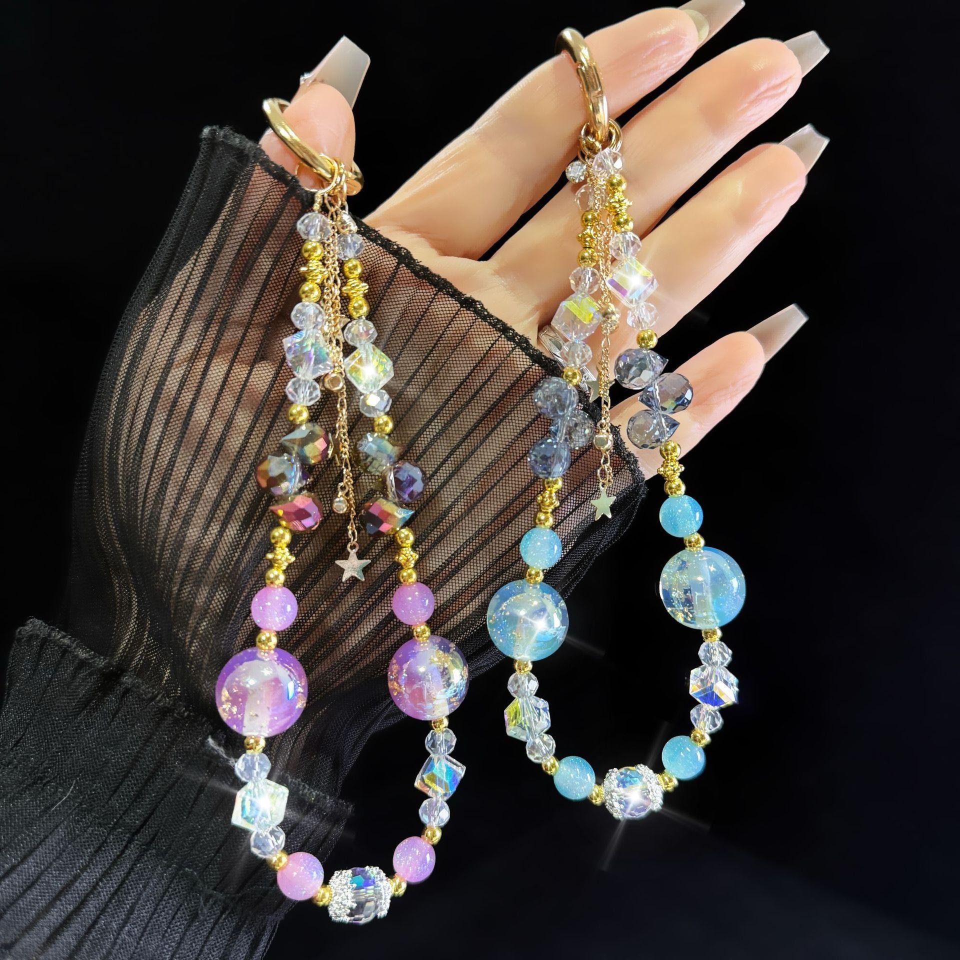 For Light Luxury Crystal Mobile Phone Chain Beaded Short Wrist Chain Fashion Butterfly Pendant Gold Leaf Hand-Made Lanyard