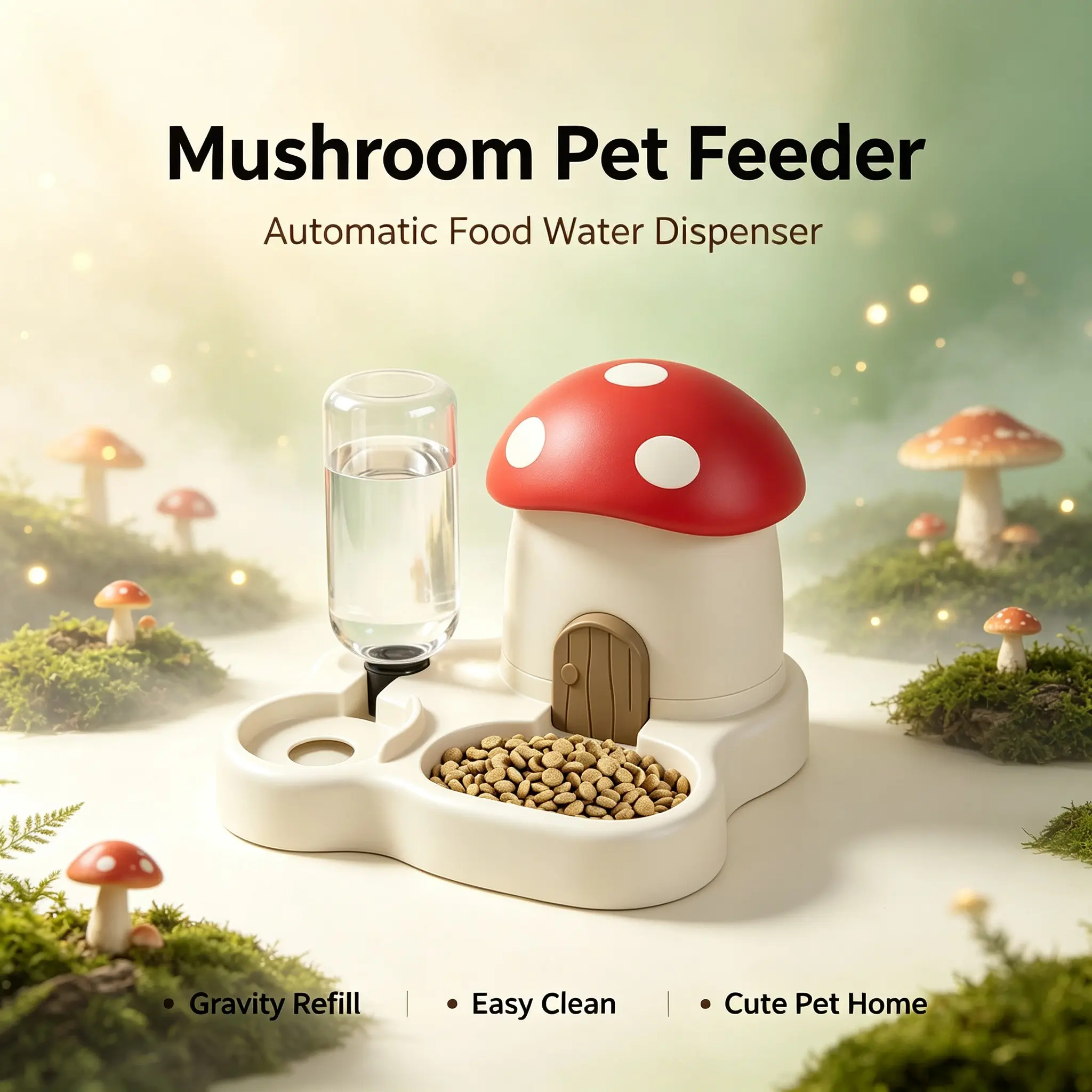 Mushroom Cat Feeder, Automatic Food and Water Dispenser, Gravity Refill Pet Bowl for Small Dogs and Cats