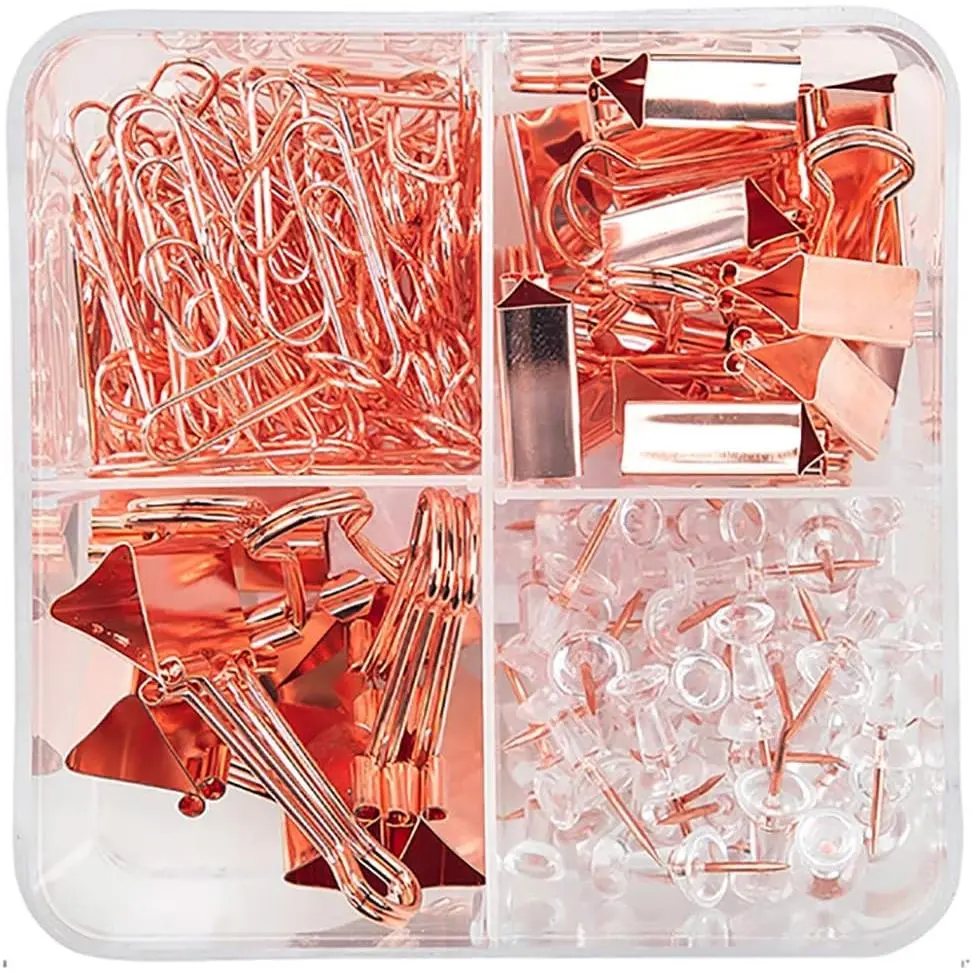 Binder Clips Paper Clips Push Pins Sets with Box for Office,School and  Supplies (Rose )