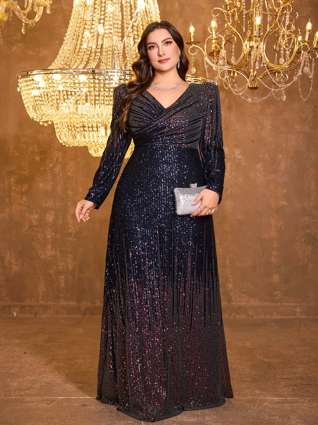 Elegant Chic V-Neck Long Sleeve Princess Sleeve Dress, Waist-Cropped Party Gown, Gradient Sequins, Formal Evening Wear, Random Cut Design