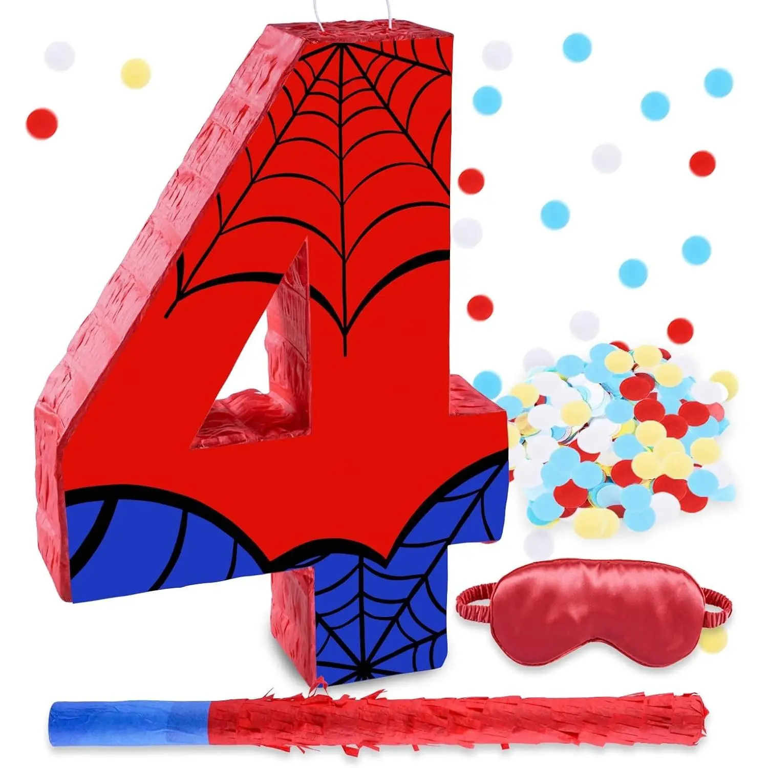 16 Inch Number 4 Spider Web Pinata Set with Piñata Stick Blindfold Confetti for Boys Girls Kids 4th Birthday Party Decorations