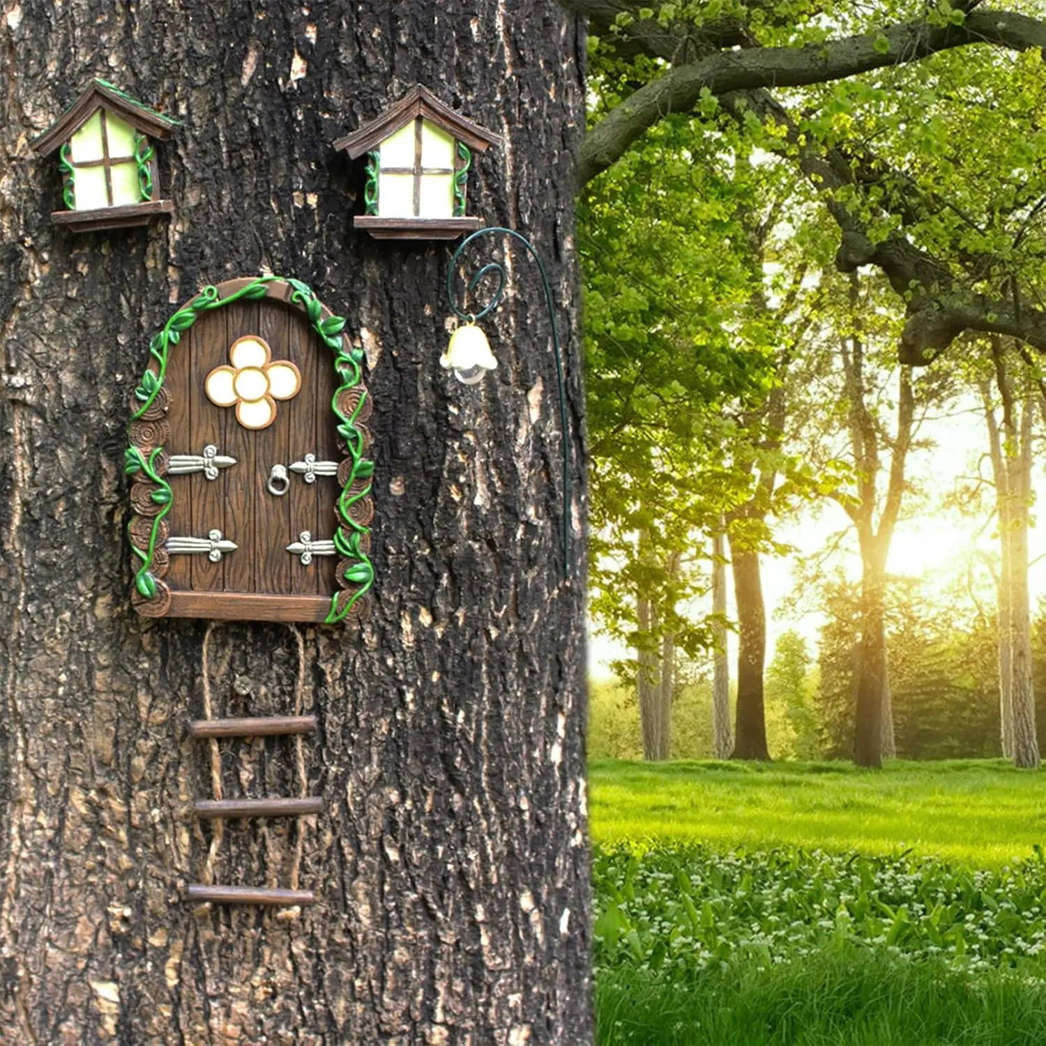 Fairy Garden Decor Fairy Door and Windows for Trees, Glow in The Dark Yard Sculpture Lawn Ornament Mini Garden Art Outdoor Decor Accessories with Lantern (C)