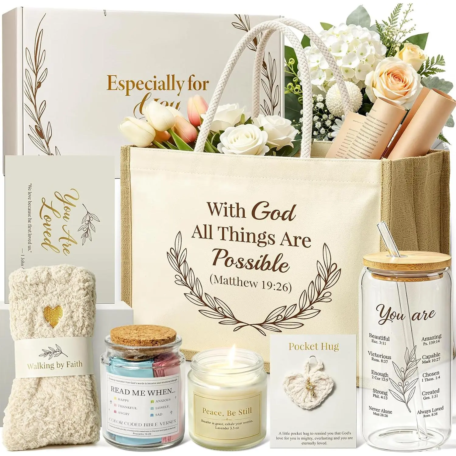 Christian Gifts for Women, Religious Farewell  Basket Set | 8 count Christian set with card: Tote bag,  verse jar, scripture cup, candle,   & socks. ( not included)