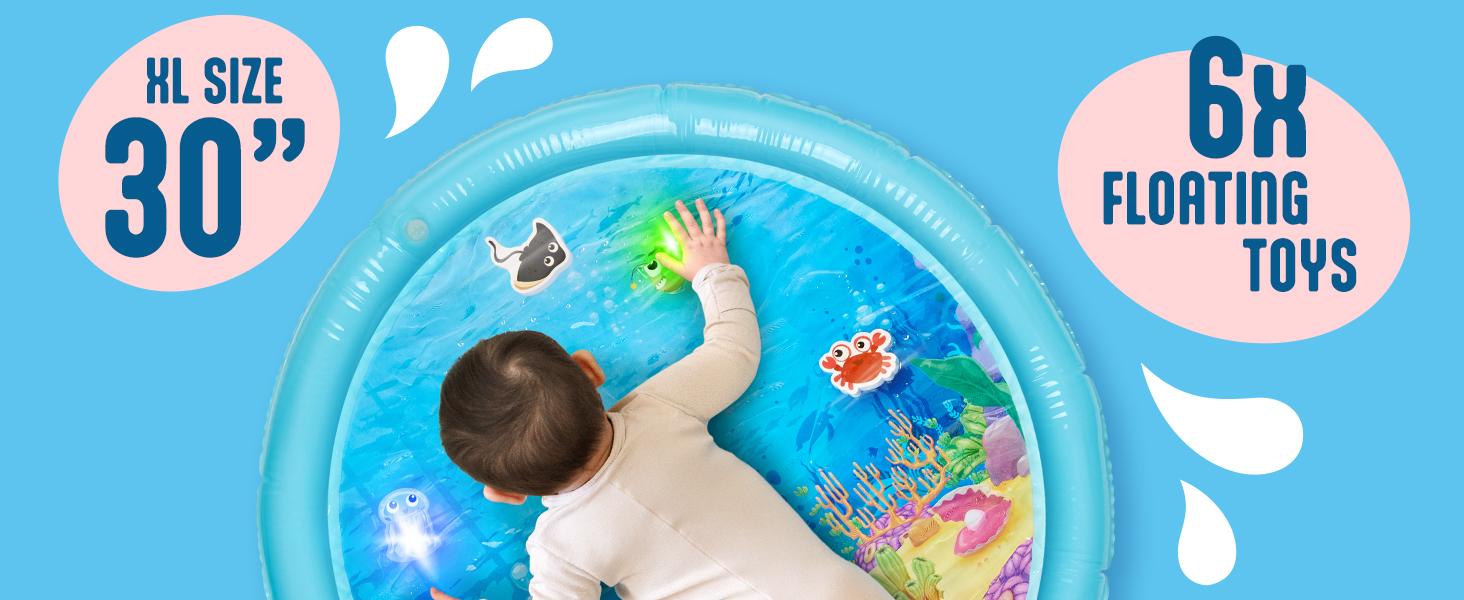Lights Up Tummy Time Water Mat for Babies, 30" X-Large Baby Water Mat Tummy Time for Sensory with LED Glowing Fishes, Inflatable Fun Pad for Infants Toddlers 3 to 36 mo