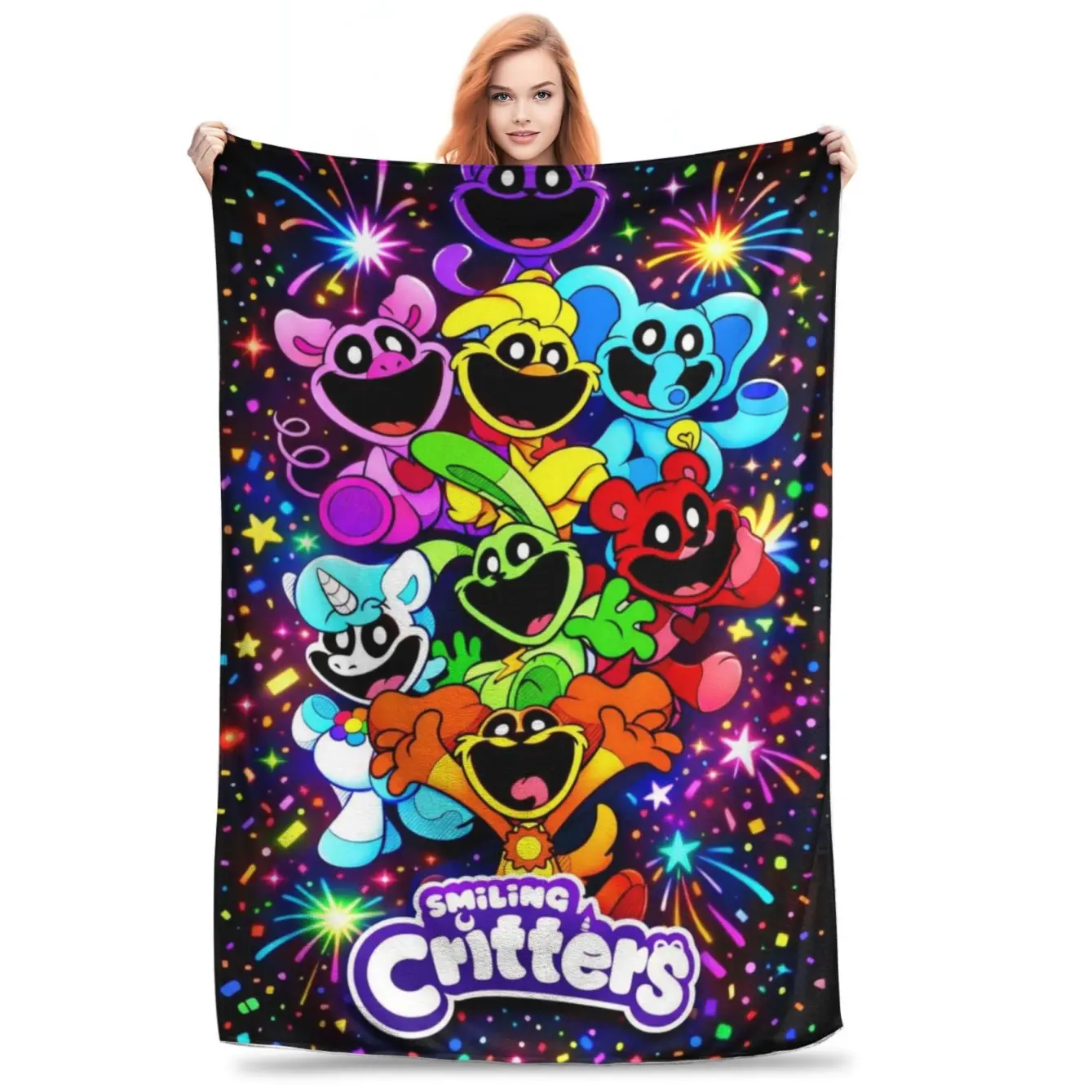 Smiling Critters Cartoon Flannel Throw Blanket Colorful Confetti Firework Character Print Soft Lightweight Warm Blanket For Sofa Bed Bedroom Travel Birthday Christmas Holiday Gift For Cartoon Game Fans Teens Kids Youth Bedroom Dorm Decor Blanket