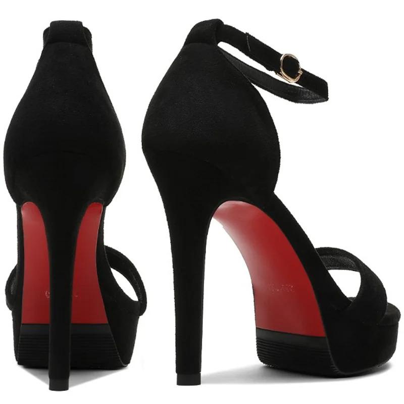 2025 New Summer Women 12cm High Heels 2cm Platform Suede Black Sandals Lady Stiletto Heels Strappy Sandles Catwalk Fetish Shoes