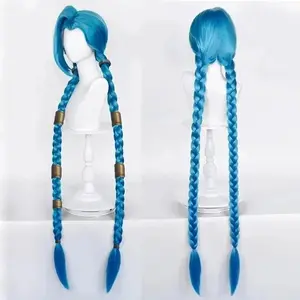 Anime LOL Jinx Cosplay Wig Long Braided Blue The Loose Cannon Wig with Blue Braid Heat Resistant Synthetic Hair Wigs