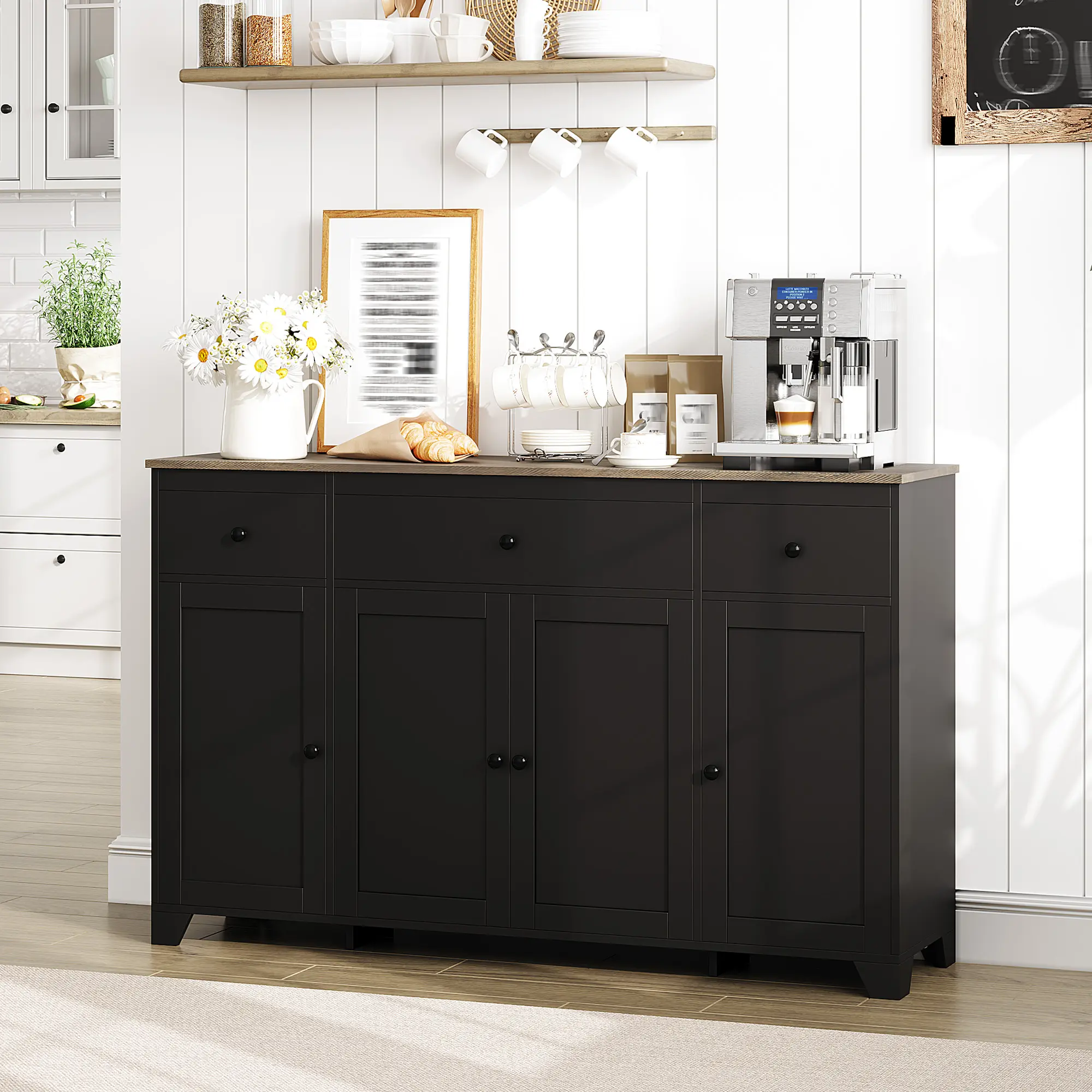 55" Minimalist Engineered Wood Sideboard Buffet Cabinet - Durable Storage Console with 3 Drawers, 4 Doors, Adjustable Shelves, Assembly Required for Kitchen, Dining Room, With Drawers