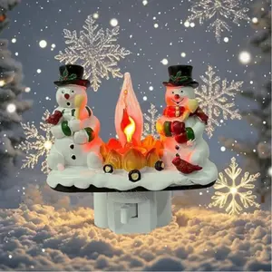 Christmas Snowman Campfire Night Light, Ceramic Lamp with Flickering Flame Effect, Halloween Decoration for Kids Room, Hallway, Living Room, Stairs