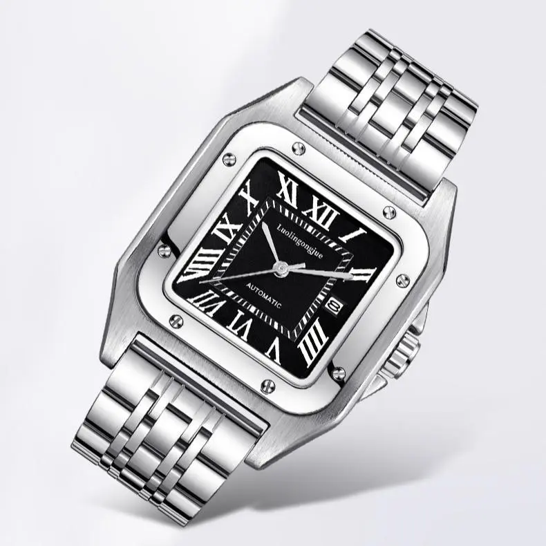 Solid Steel Men's Automatic Watch - Skeleton Roman Numeral Dial, Date Window - Heavyweight Mechanical Movement