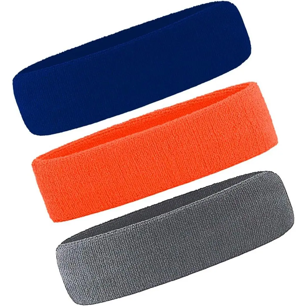 3 Pack Unisex Terry Fabric Athletic Headbands, Stretchable Moisture-Wicking Sweatbands for Gym Sports, Running & Tennis, Machine Wash Safe, Baseball