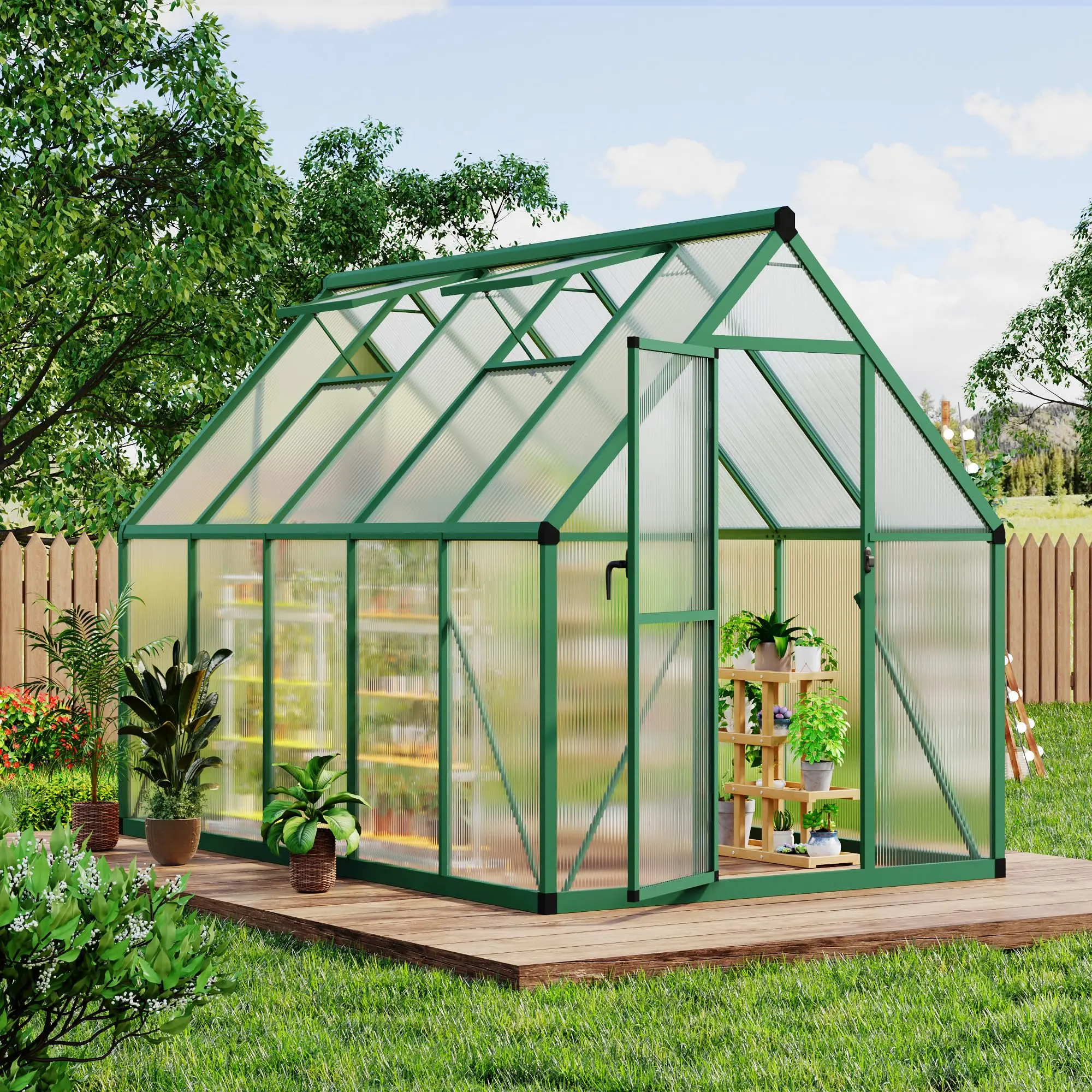 Garvee 8x12 FT Outdoor Greenhouse, Polycarbonate Greenhouse with Roof Vent and Ground Nails, Aluminum Large Walk-in Green House w/ Lockable Push Door for Outside Garden Backyard (Green, 6x9 FT)