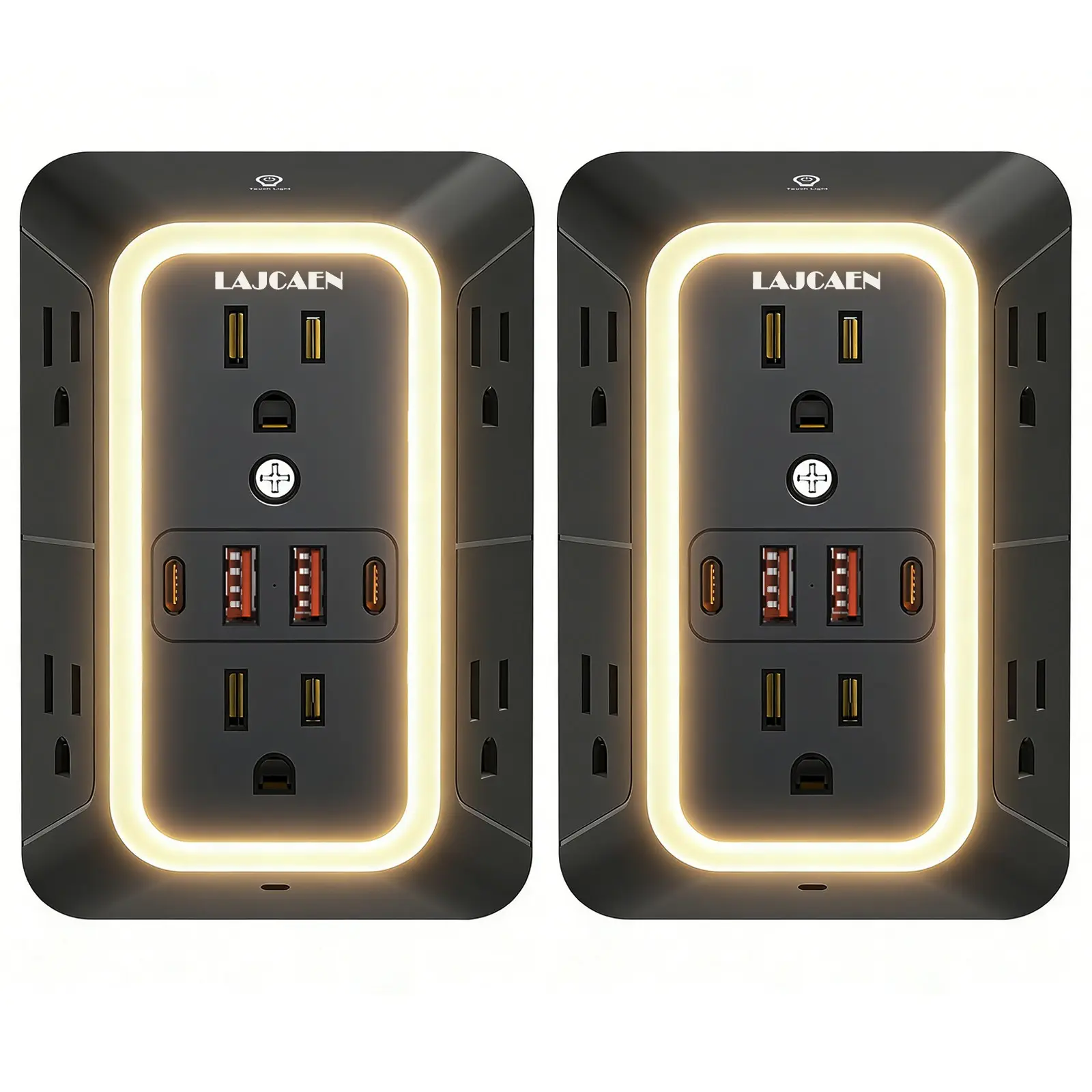 2 Pack Outlet Extender Multifunctional Power Strip with Night Light, 6 AC Surge Protector Outlets and 4 USB Ports (2 USB C）,1050J Power Strip Multi Plug Adapter Spaced for Home Travel Office (Black）