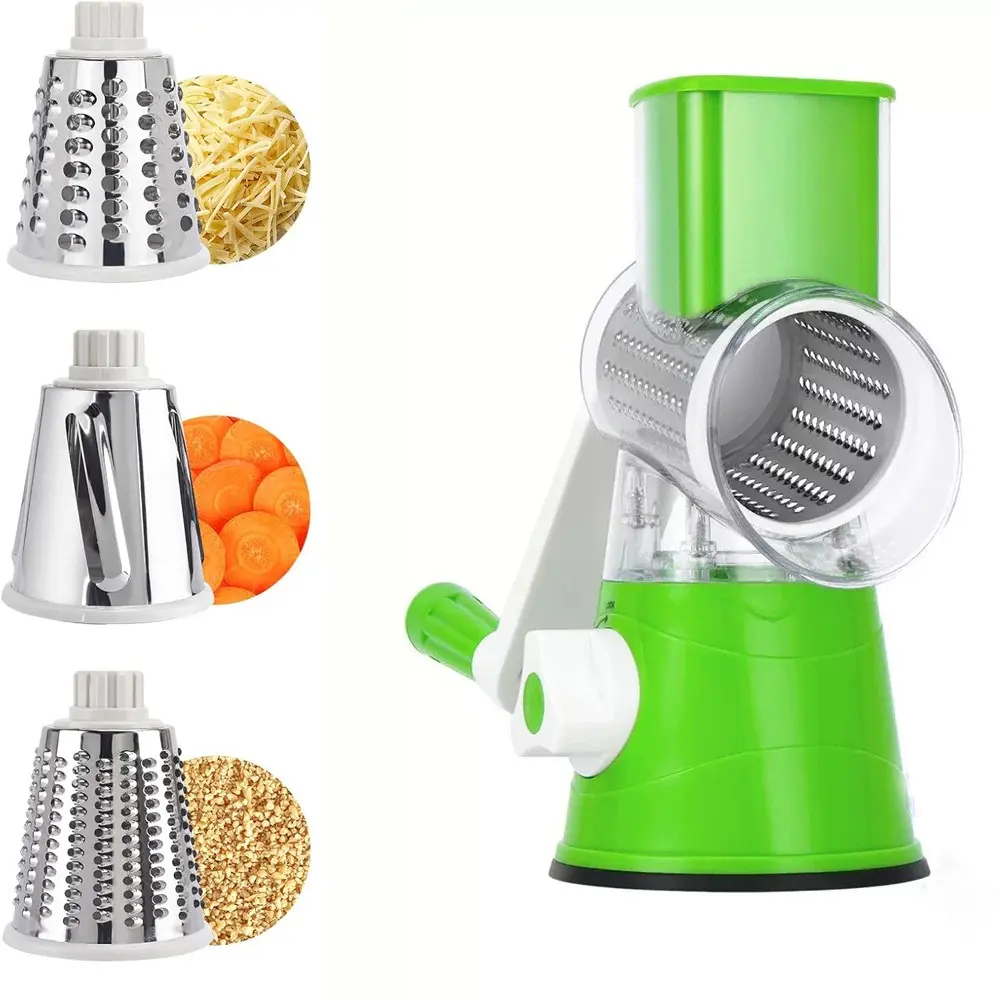 3-In-1 Rotary Cheese Grater,Cheese Shredder Hand Crank, Manual Cheese Grater for Veggies, 3-Blade Grater, Home Kitchen Appliances and Kitchen Gadgets, Vegetable Shredder (Green)