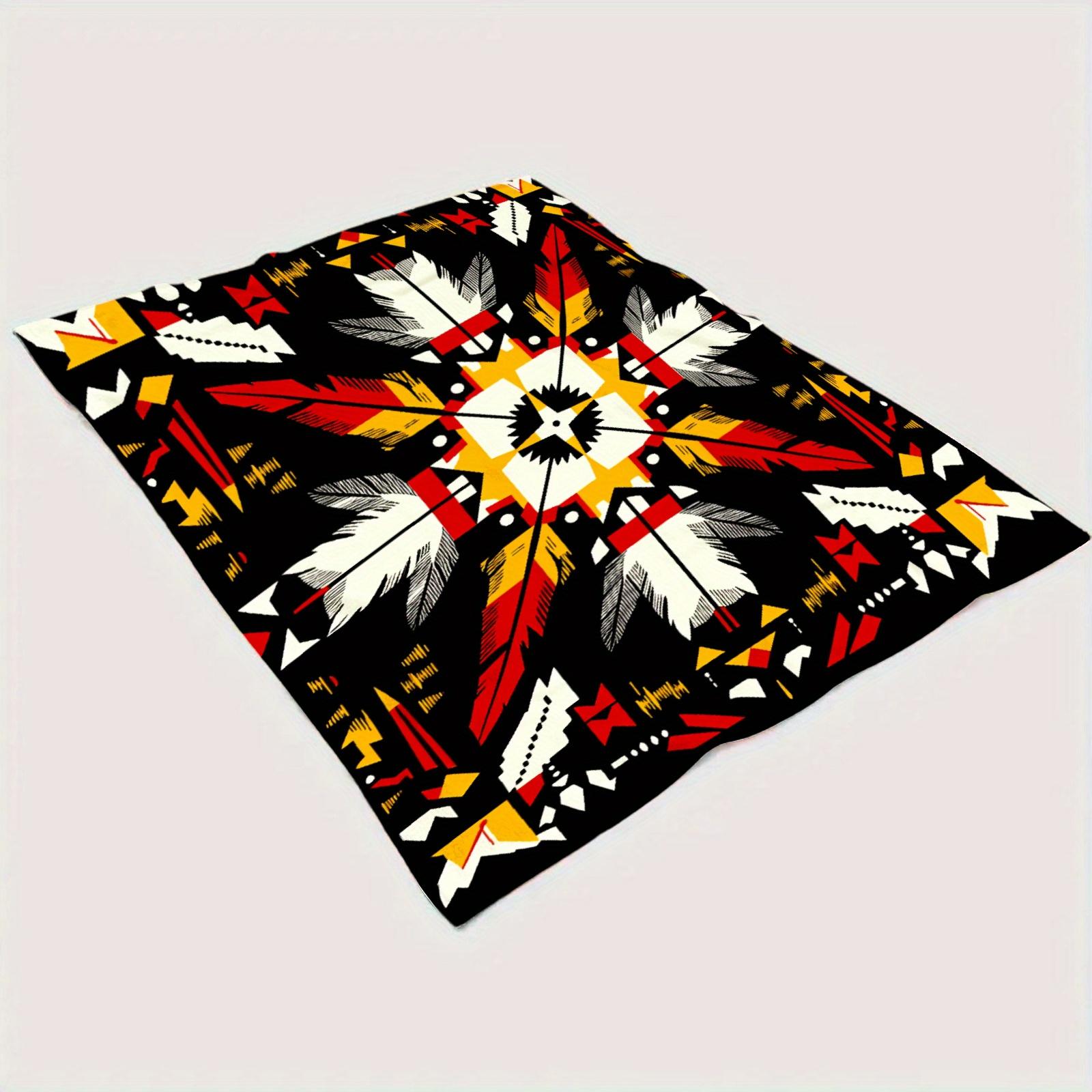 A Single Piece of a Soft And Lightweight Tribal Geometric Blanket Featuring a Southwestern Design in Black, Red, White, Gray, Beige, And Golden Brown. Suitable for All Seasons And Can Be Used on Sofas, Beds, During Camping