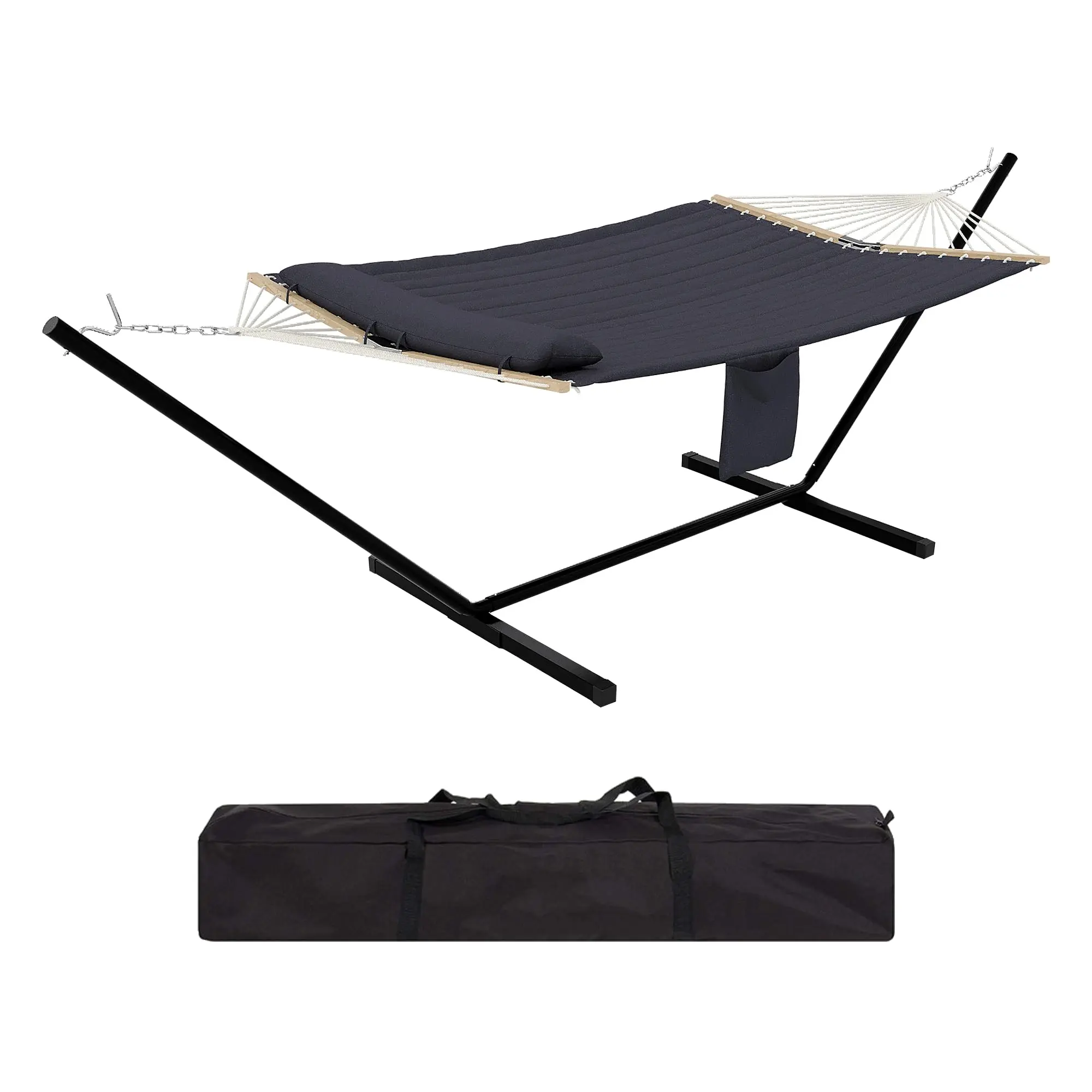 12FT Heavy-Duty 2-Person Hammock with Stand - 450LB Capacity, Cotton-Polyester Fabric, Hardwood Spreader Bar, Tool-Free Steel Frame, Weatherproof, Portable Carry Bag - Patio, Camping Use (Yellow/Beige/Stripe)