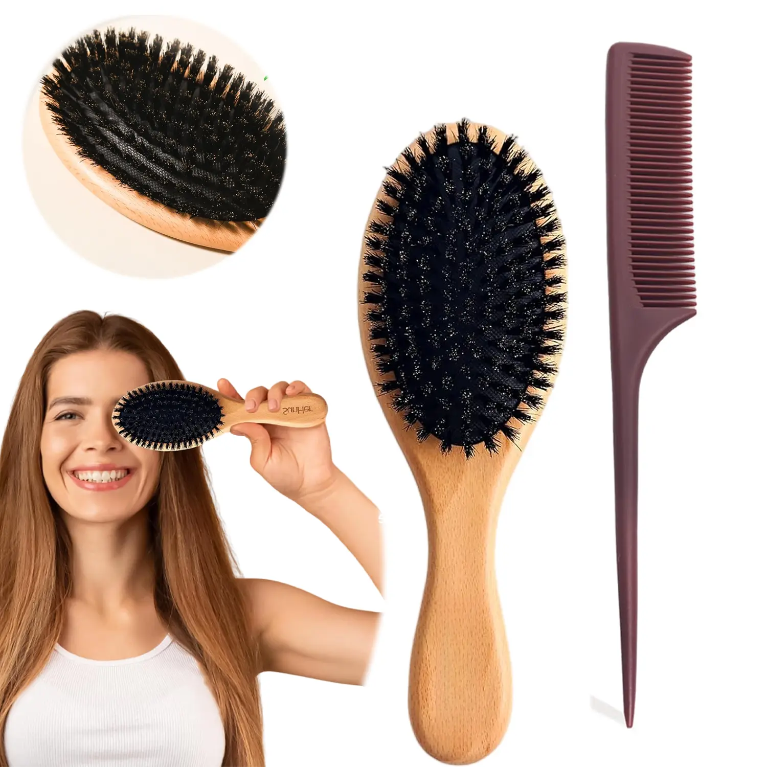 100% Pure Soft Boar Bristle Hair Brush, Natural Beech Wood Scalp Massage Brush, Ergonomic Smooth Hair Brush for Fine Thin Curly Hair, Reduce Frizz Distribute Scalp Natural Oil with Tail Comb
