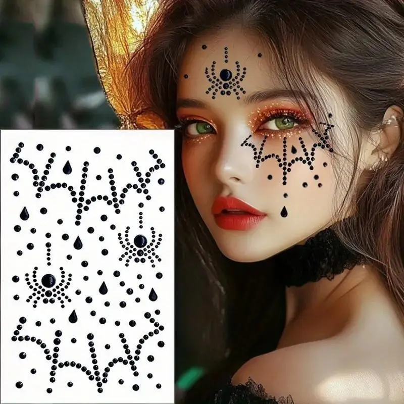 Halloween Glitter Spider Face Gem Sticker, Flashy Festival Party and Stage Makeup Decal, Eye-Catching Design