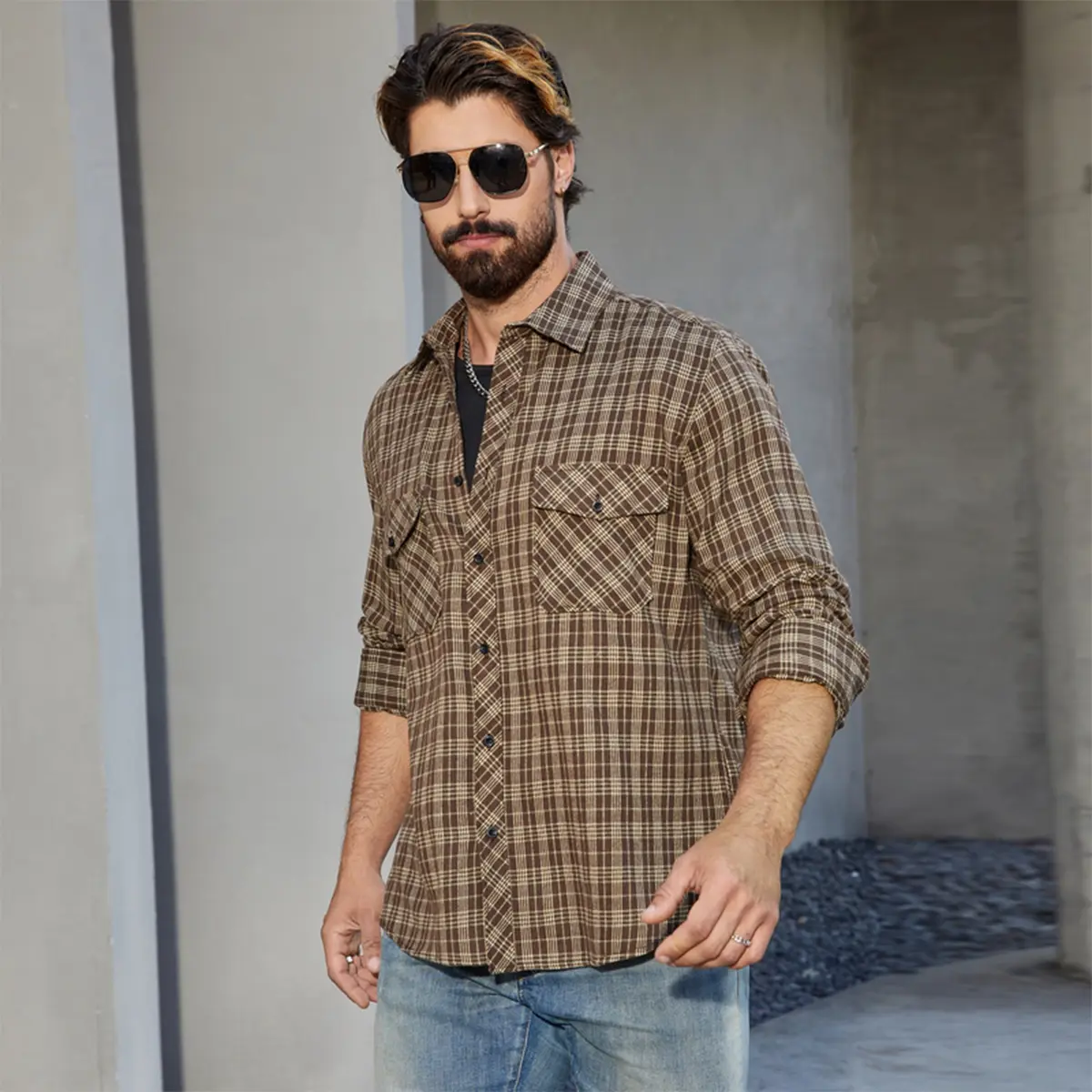 Men's Classic Fine Grid Plaid Flannel Shirts - Menswear Tops, Long Sleeve, Lapel Collar, Button-Down, Dual Chest Pockets, Skin-Friendly Breathable Fabric, Fitted Cut, Classic Street Casual Wear for Indoor & Outdoor Use