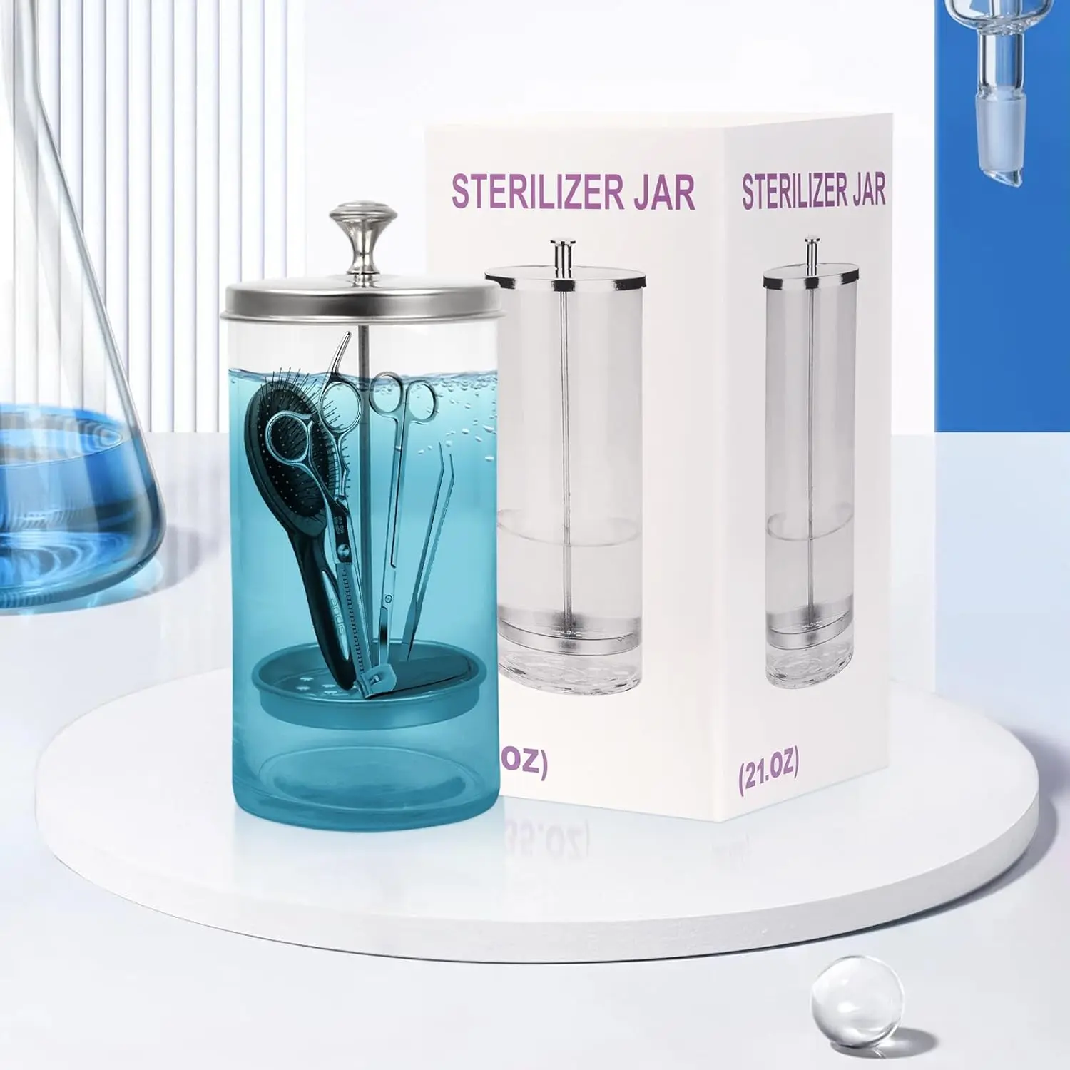 21OZ 750ML Glass Sterilizer Cleaning Jar with Removable Basket Sanitizing Container for Sterilizing Nail Tool Barber Supplies Hair Salon