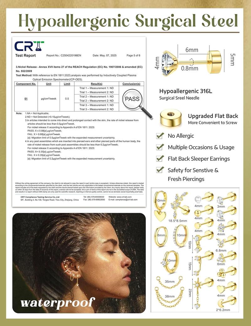 CASSIECA 21Pcs Piercing Ear Surgical Steel Helix Piercings Gold Silver Hoop Earrings Stud Set Cartilage Earrings Tragus Conch Helix Piercing Ear Jewelry