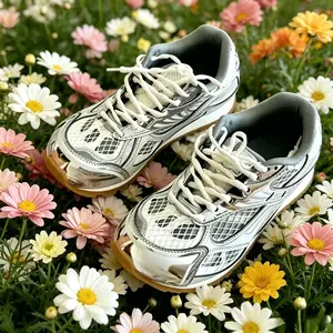 White Silver Metallic Grid Mesh Retro Running Sneakers for Women Breathable Mesh Upper Gum Rubber Outsole Lace Up Streetwear Casual Trainers