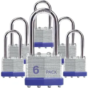 Outdoor Key Padlocks with Same Key, Laminated Steel Long Shackle Keyed Padlocks 6 Pack, for Hasp Latch, Sheds, Fences, Storage Locker, School, Gym
