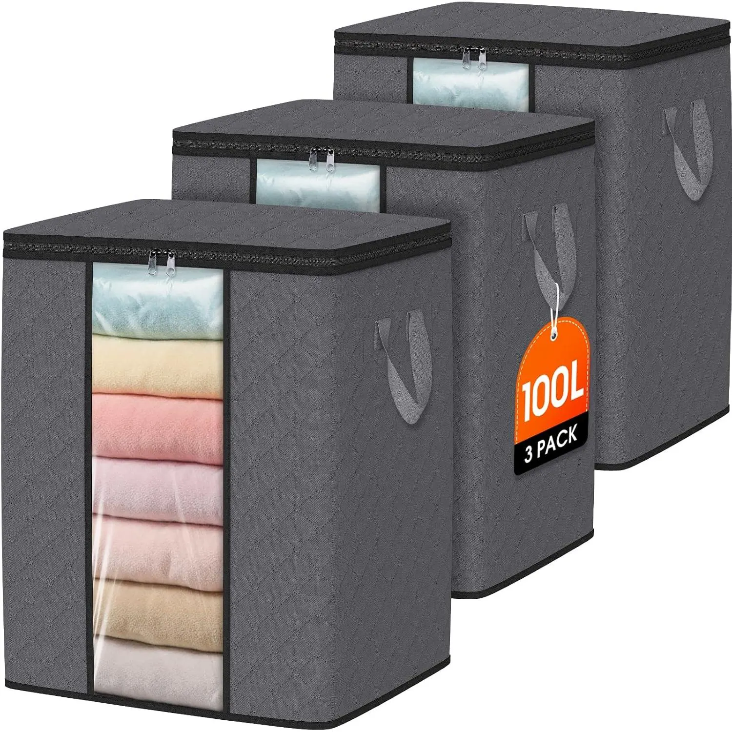 3 Pack 100L Clothes Storage, Foldable Thick Fabric Blanket Storage Bags, Containers for Organizing Bedroom, Closet, Clothing, Comforter,Closet Organization with Handle,Grey
