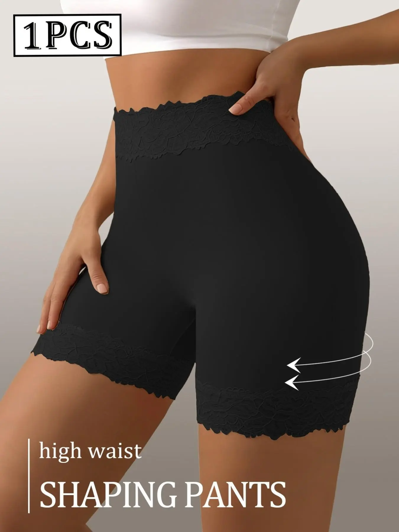 Women's High Waisted Lace Trim Safety Shorts, Seamless Tummy Control Anti-Chafing Underskirt Shorts, Stretch Fit Everyday Shapewear Underwear, 1 Pack