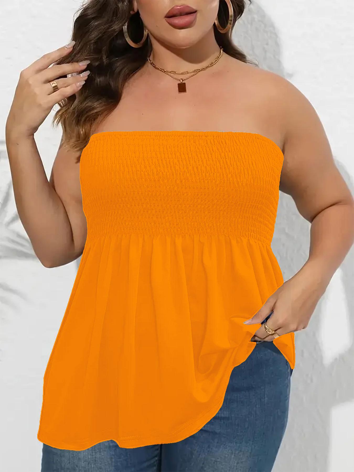 Plus Size Solid Ruffle Hem Shirred Tube Top, Boho Fashion Chic Style Tops, Lady Strapless Top, Womenswear, Casual Sleeveless Strapless Black Top Plus Size Solid Ruffle Hem Shirred Tube Top, Boho Fashion Chic Style Tops, Lady Strapless Top, Womenswear, Casual Sleeveless Strapless Black Top