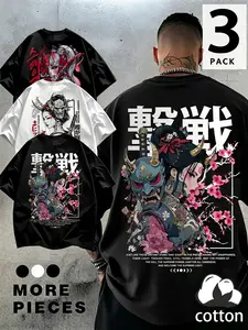 Large Size Men's 3-Pack 100% Cotton, Japanese Ukiyo-E Cultural Oni Mask Geisha Cherry Blossom Back Print Loose Fit T-Shirts, Casual Long Sleeve Tops