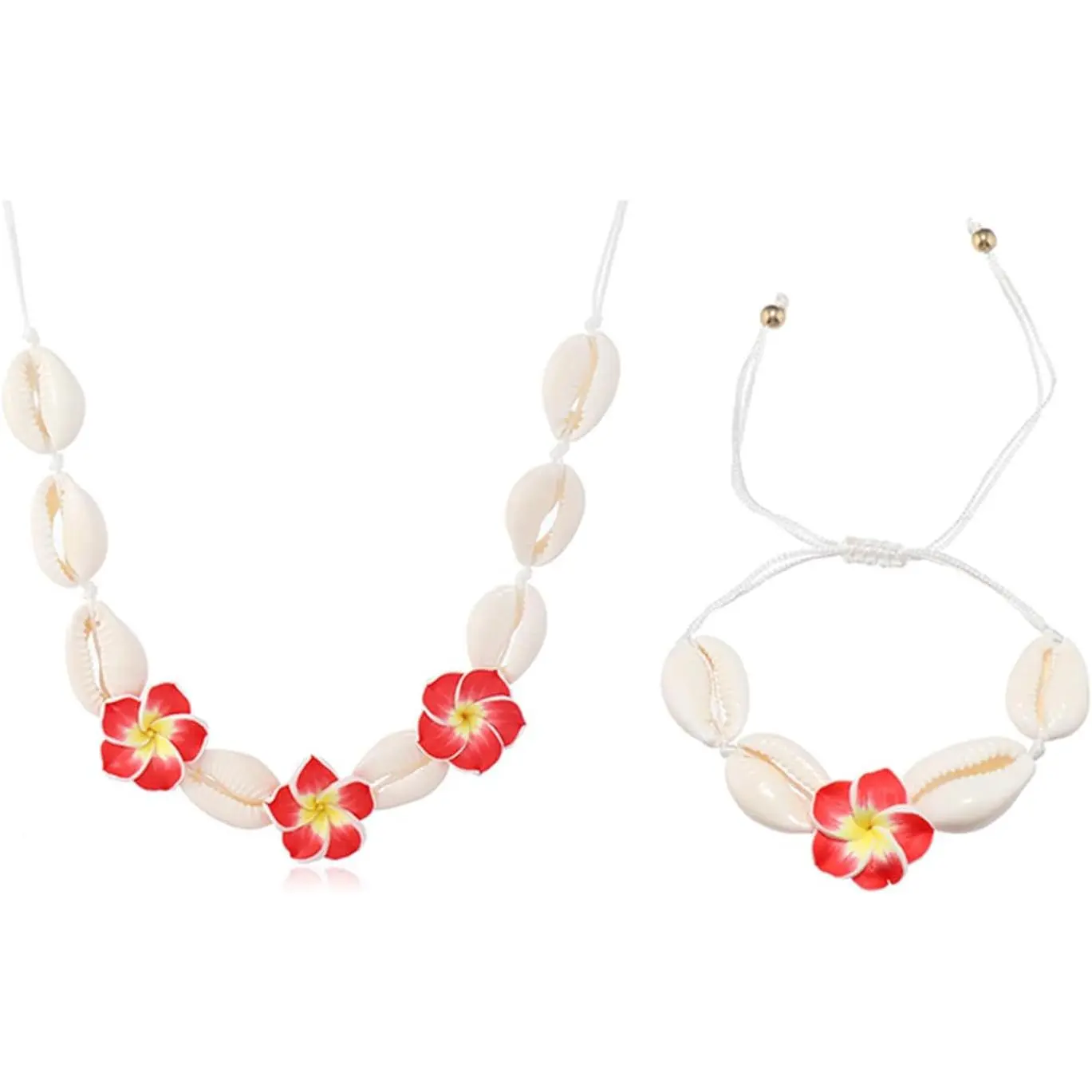 2 count Hawaiian Shell Plumeria Rubra Necklace Bracelets  Boho  Seashell Beaded Cowrie Tropical Frangipani Flower Braided  Set for Women Summer Beach Party   Outfits