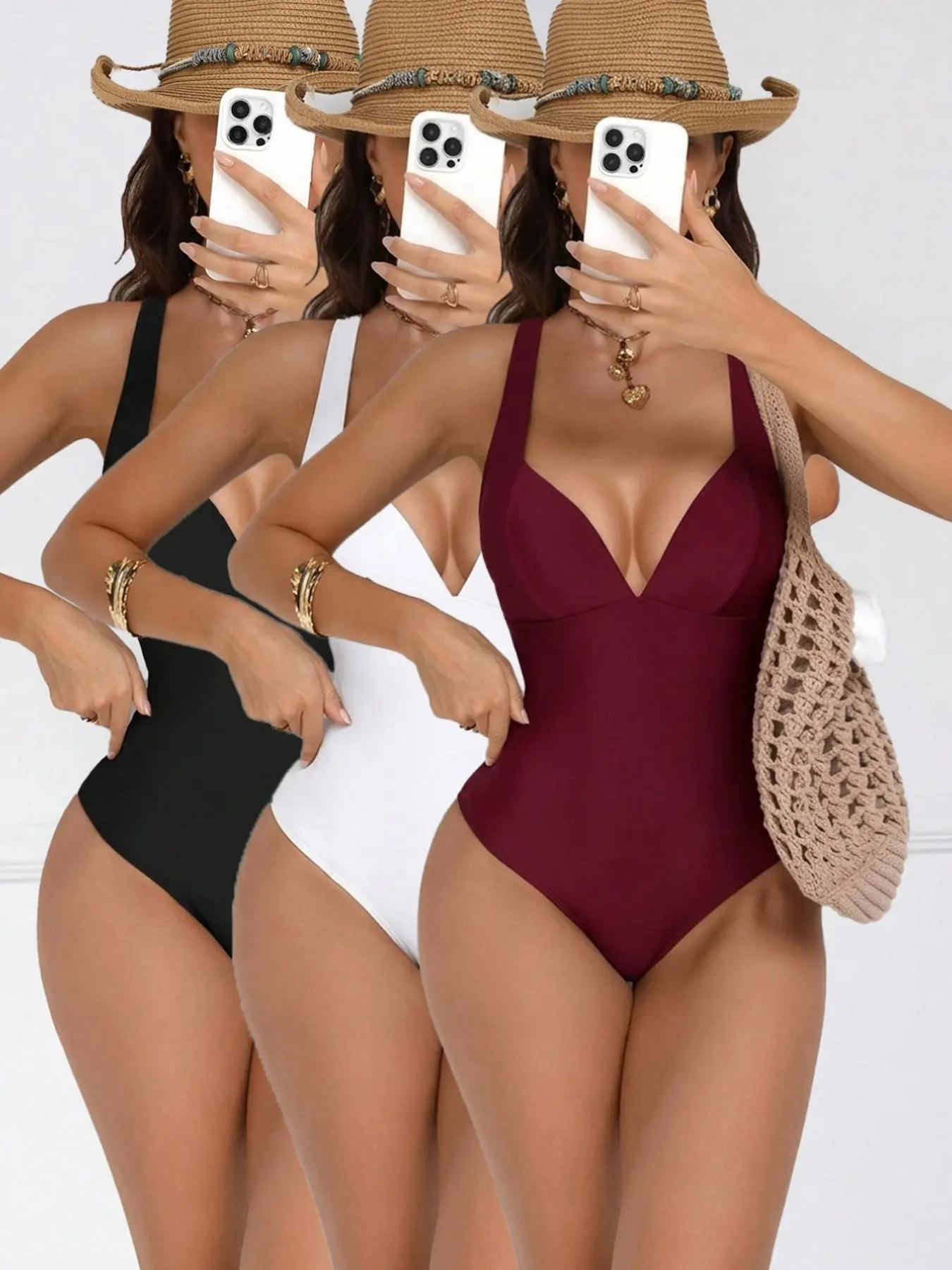 Women's 3-Piece Sleeveless Bodysuit Set Outfit, Basic Fashionable Minimalist Comfortable Soft Fitted Solid Color Halter Neck Bodysuits, Casual Wear Fabric Garment, Bodysuit Without Straps