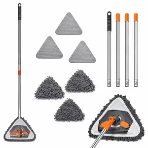 Large Triangle Flat Mop with 2M Extendable Handle, 6 Replacement Pads (3 Microfiber + 3 Chenille) for Wall, Floor & Window Glass Cleaning